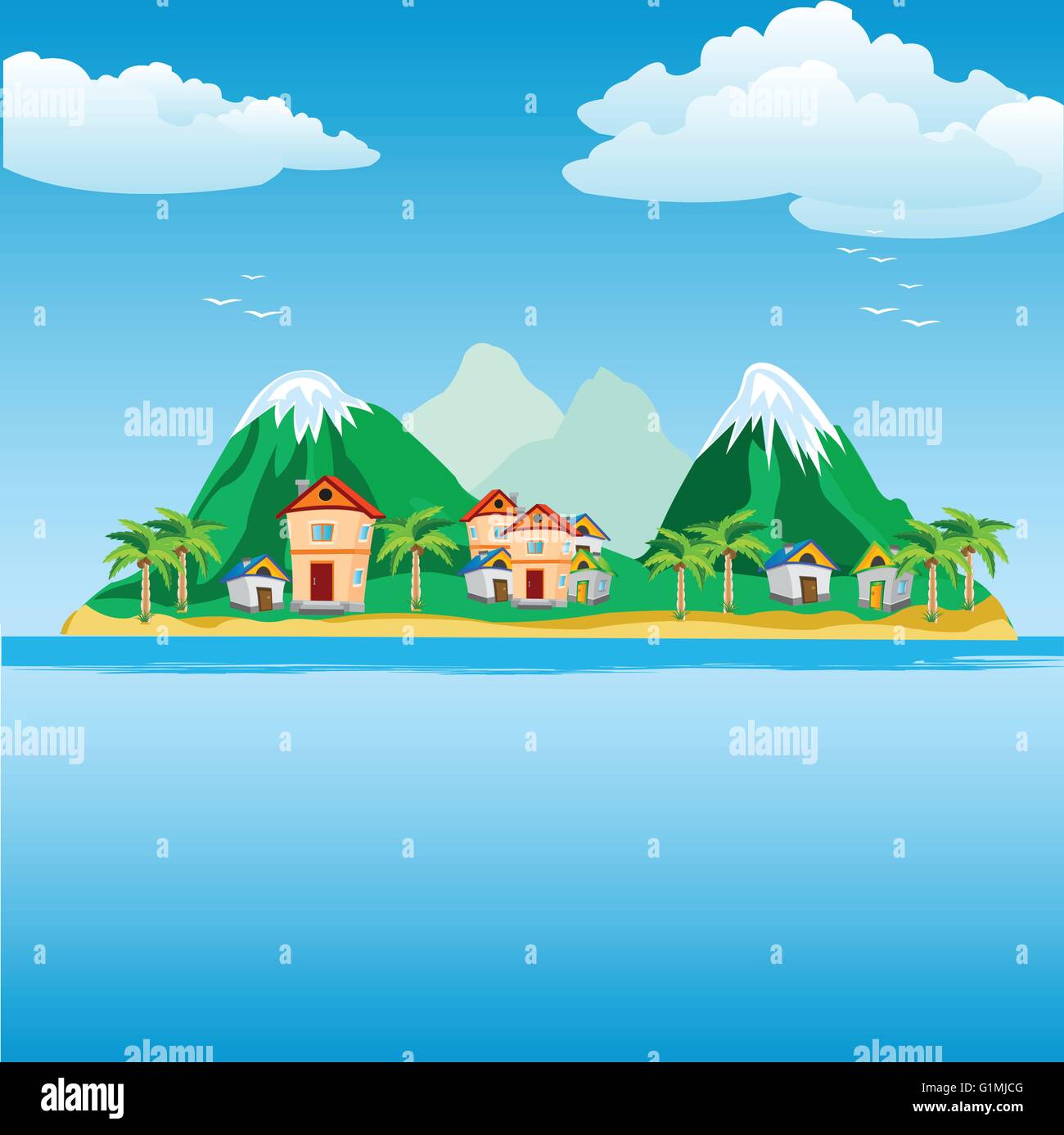 Illustrazione della piccola città sull isola nell'oceano Illustrazione Vettoriale