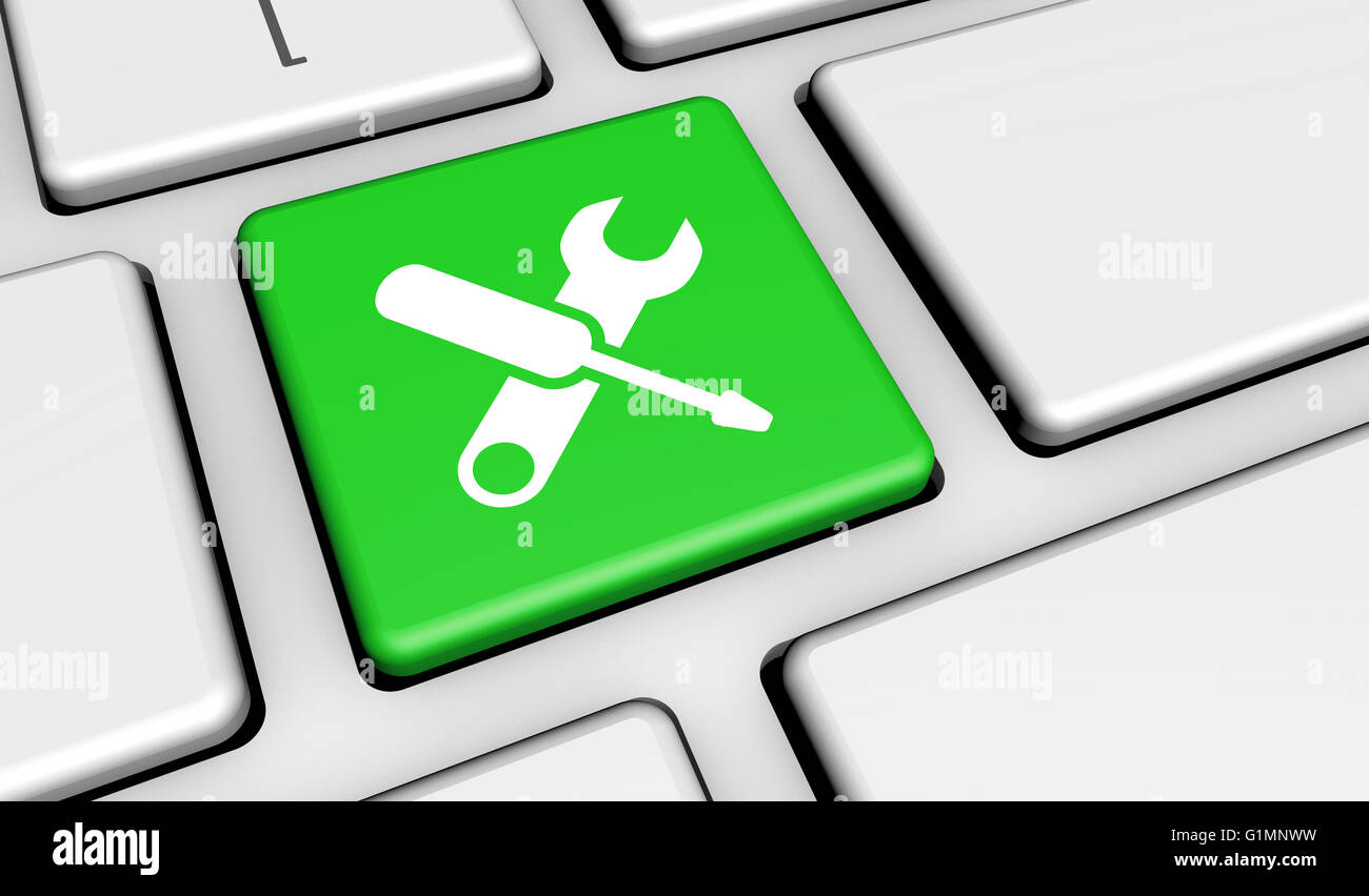 Servizio di riparazione computer concetto con gli strumenti di lavoro icone e simbolo sulla tastiera di un computer 3D'illustrazione. Foto Stock