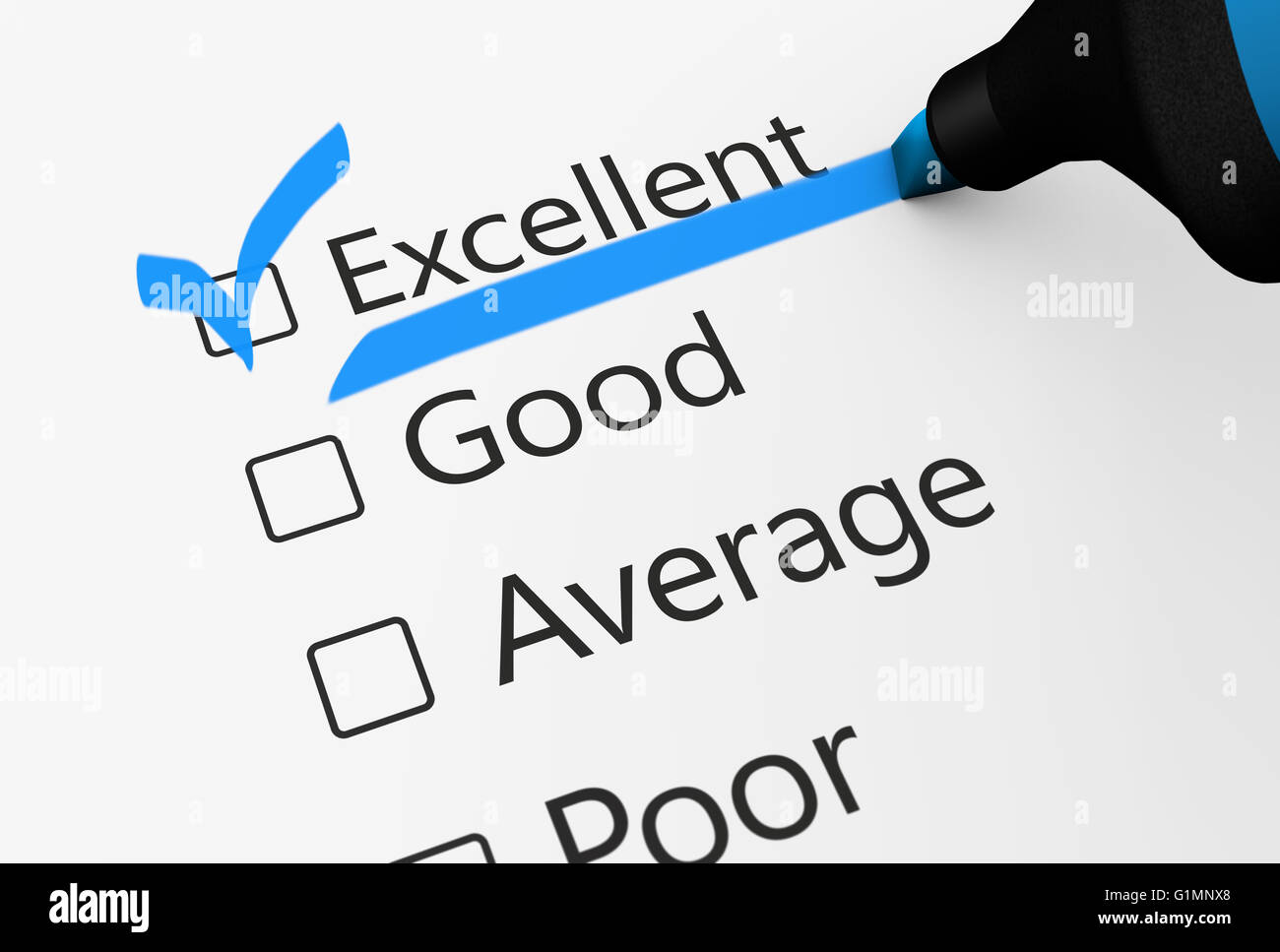 Controllo di qualità del prodotto sondaggio aziendale e il servizio al cliente la lista di controllo con eccellente parola selezionata con un segno di spunta blu. Foto Stock