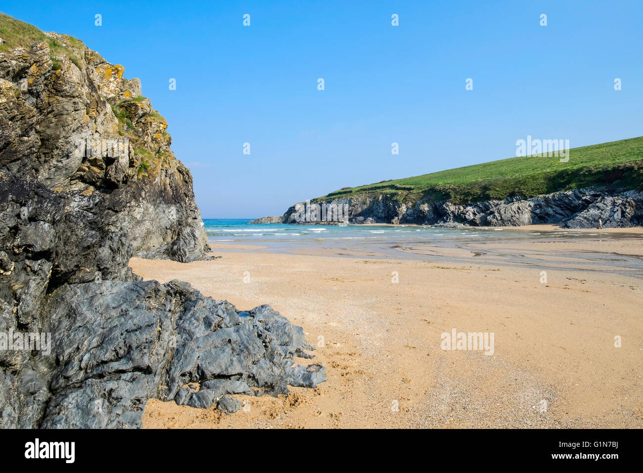 La spiaggia di Porth scherzo vicino a Newquay in Cornovaglia, Regno Unito Foto Stock