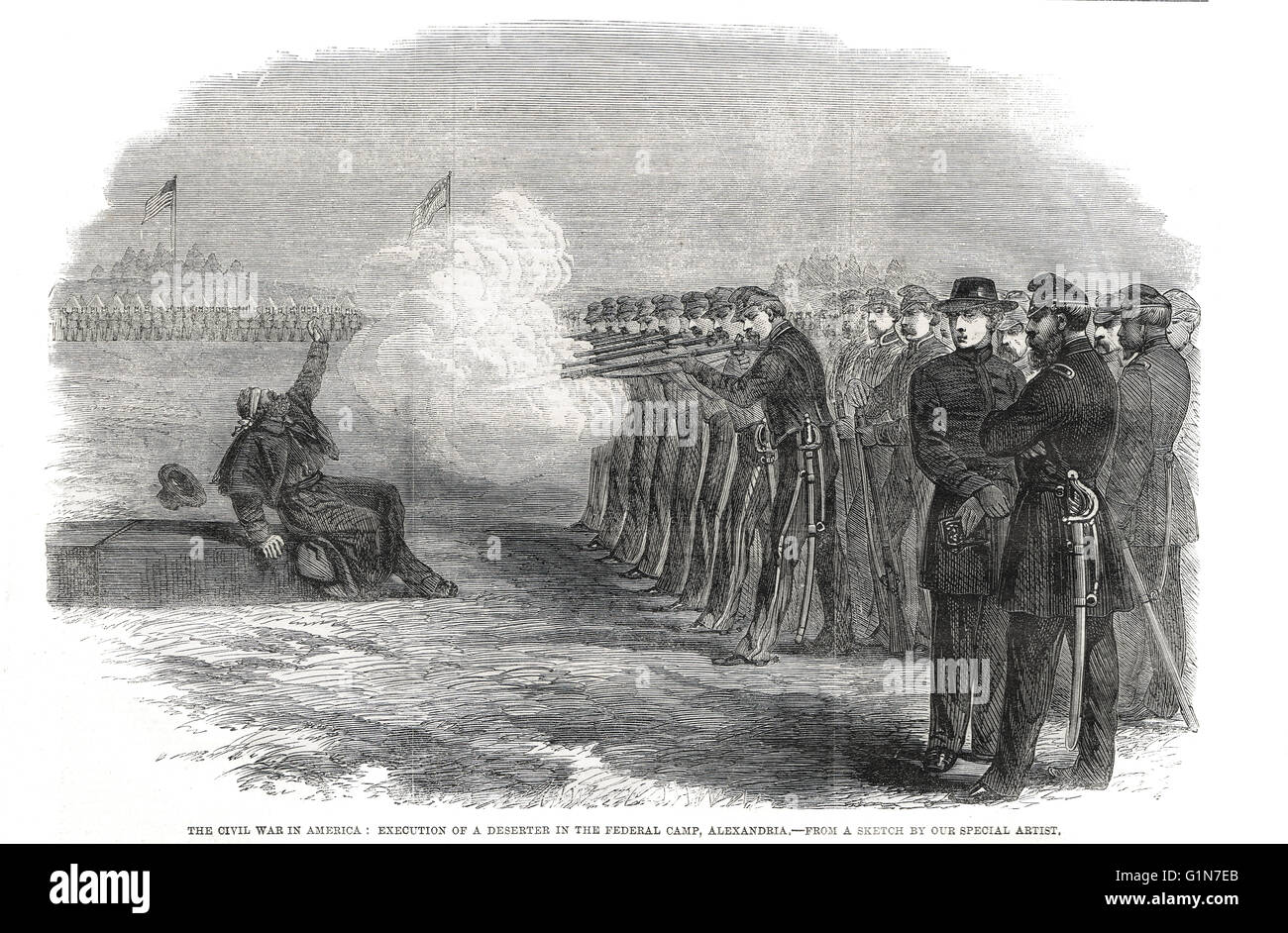 Esecuzione di un disertore nella Guerra Civile Americana, 13 dicembre 1861 presso il Seminario di Fairfax, Federale Camp, Alessandria Foto Stock