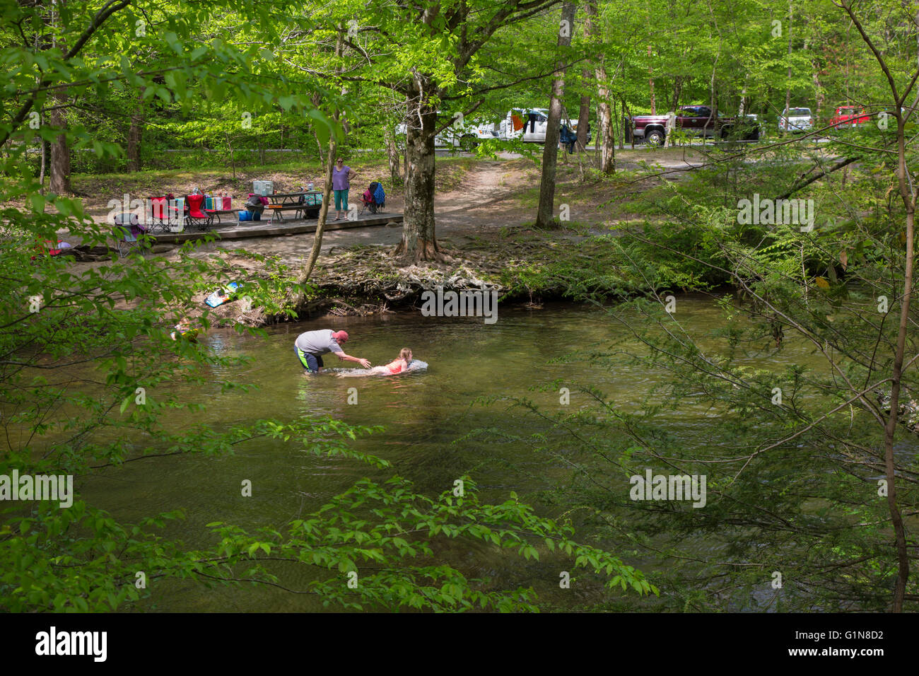 Parco Nazionale di Great Smoky Mountains, Tennessee - Parco i visitatori giocare nel piccolo fiume. Foto Stock