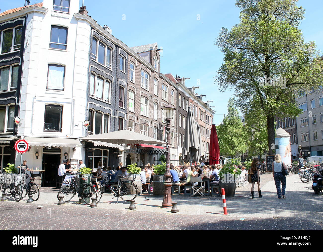 Café Het paardje. Persone su terrazze a Gerard Douplein square, De Pijp, area Amsterdam Oud Zuid, Paesi Bassi. Primavera 2016 Foto Stock