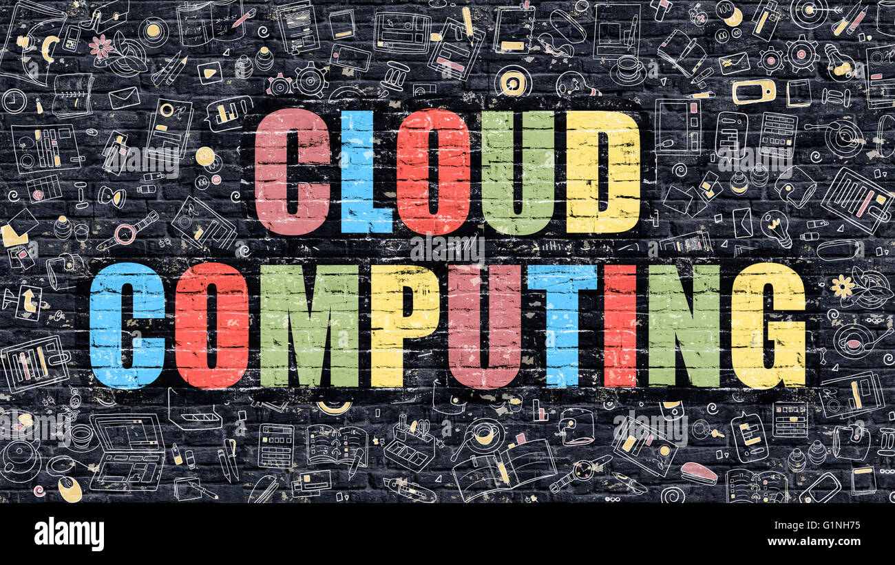 Multicolor il Cloud Computing on Dark Brickwall. Doodle stile. Foto Stock