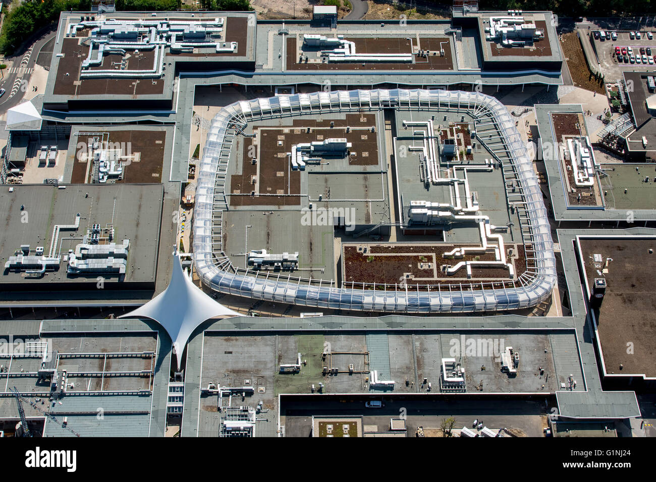 Vista aerea, Centro commerciale Parco della Ruhr di Bochum a B1, Ruhrschnellweg, mall greenfield, rimodellamento, Bochum, Germania, DE, Foto Stock