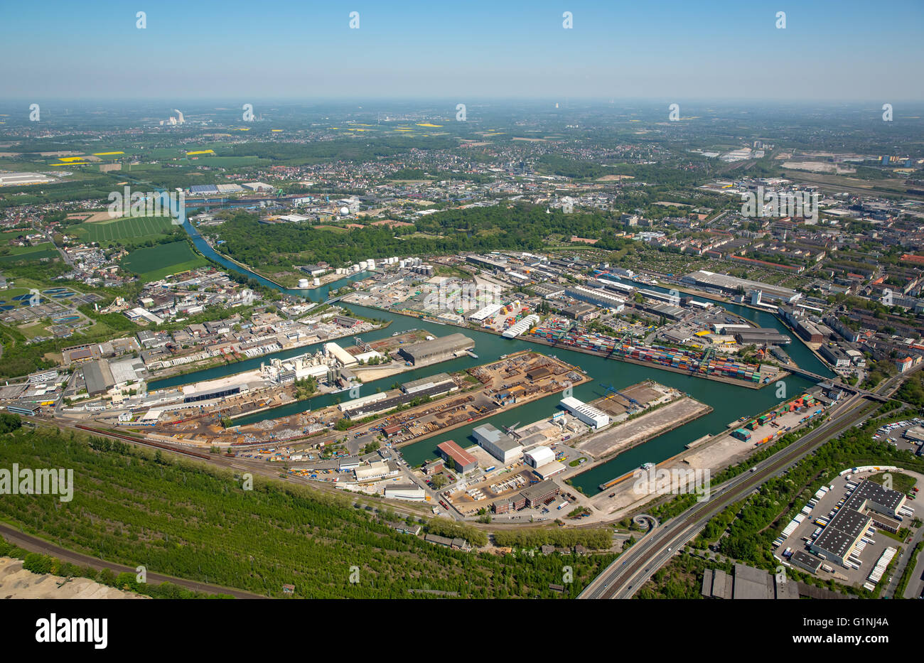 Vista aerea, Dortmunder porto, porto interno, Dortmund-Ems Canal, contenitore porta, il porto di Dortmund AG, Old Port Authority, Foto Stock