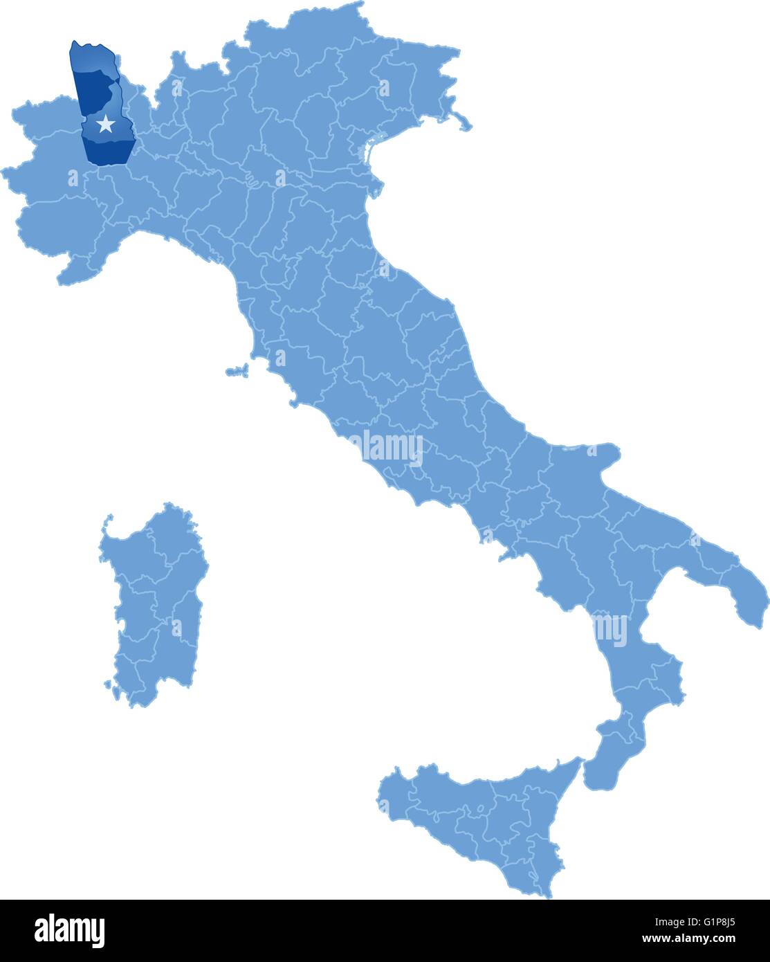 Mappa di Italia dove la provincia di Vercelli è tirata fuori, isolati su sfondo bianco Illustrazione Vettoriale