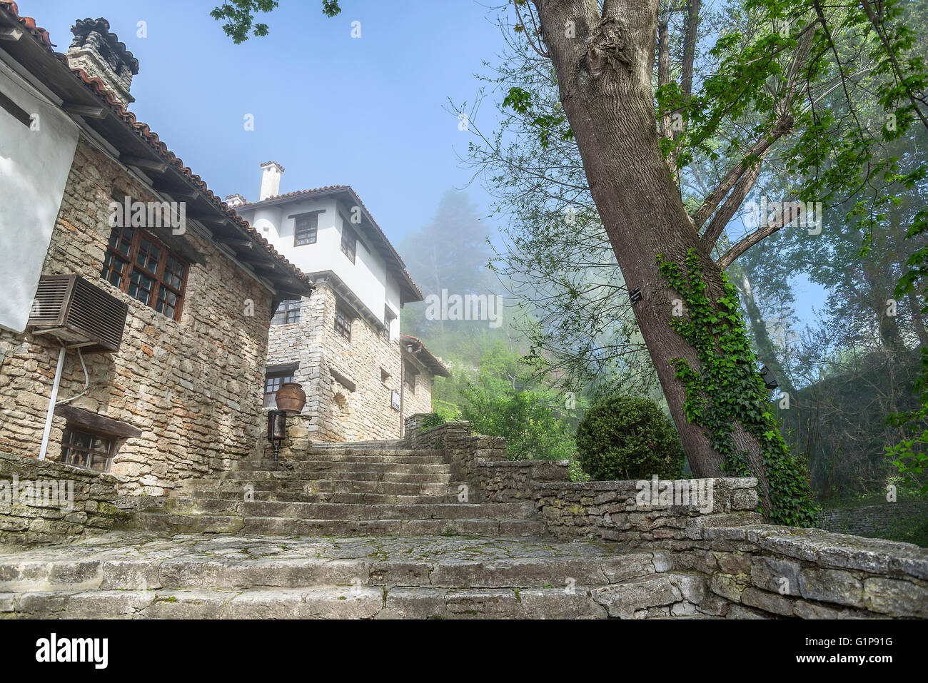 Strada di città vecchia lastricata di pietra. La Bulgaria. Foto Stock