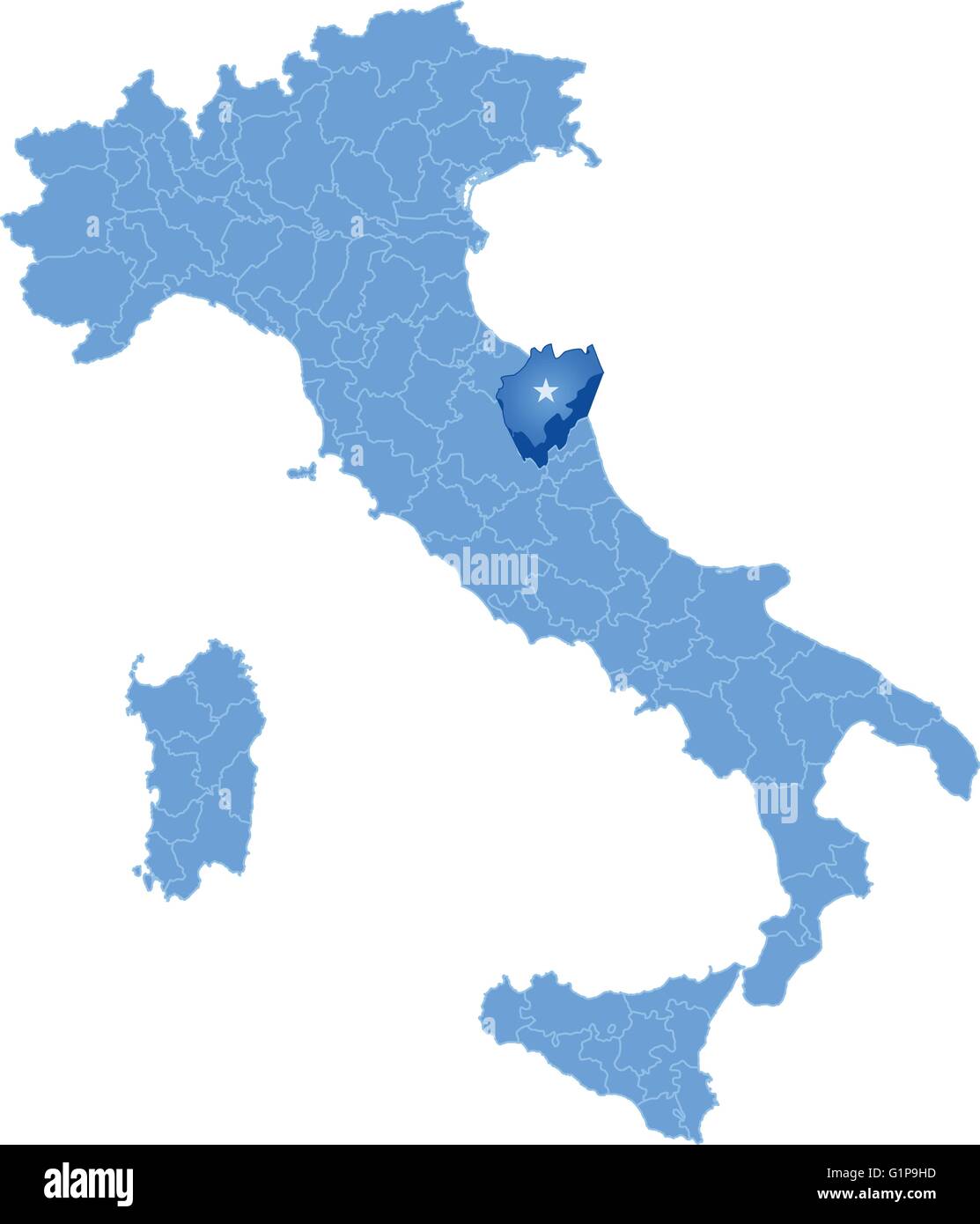 Mappa di Italia dove la provincia di Macerata è tirata fuori, isolati su sfondo bianco Illustrazione Vettoriale