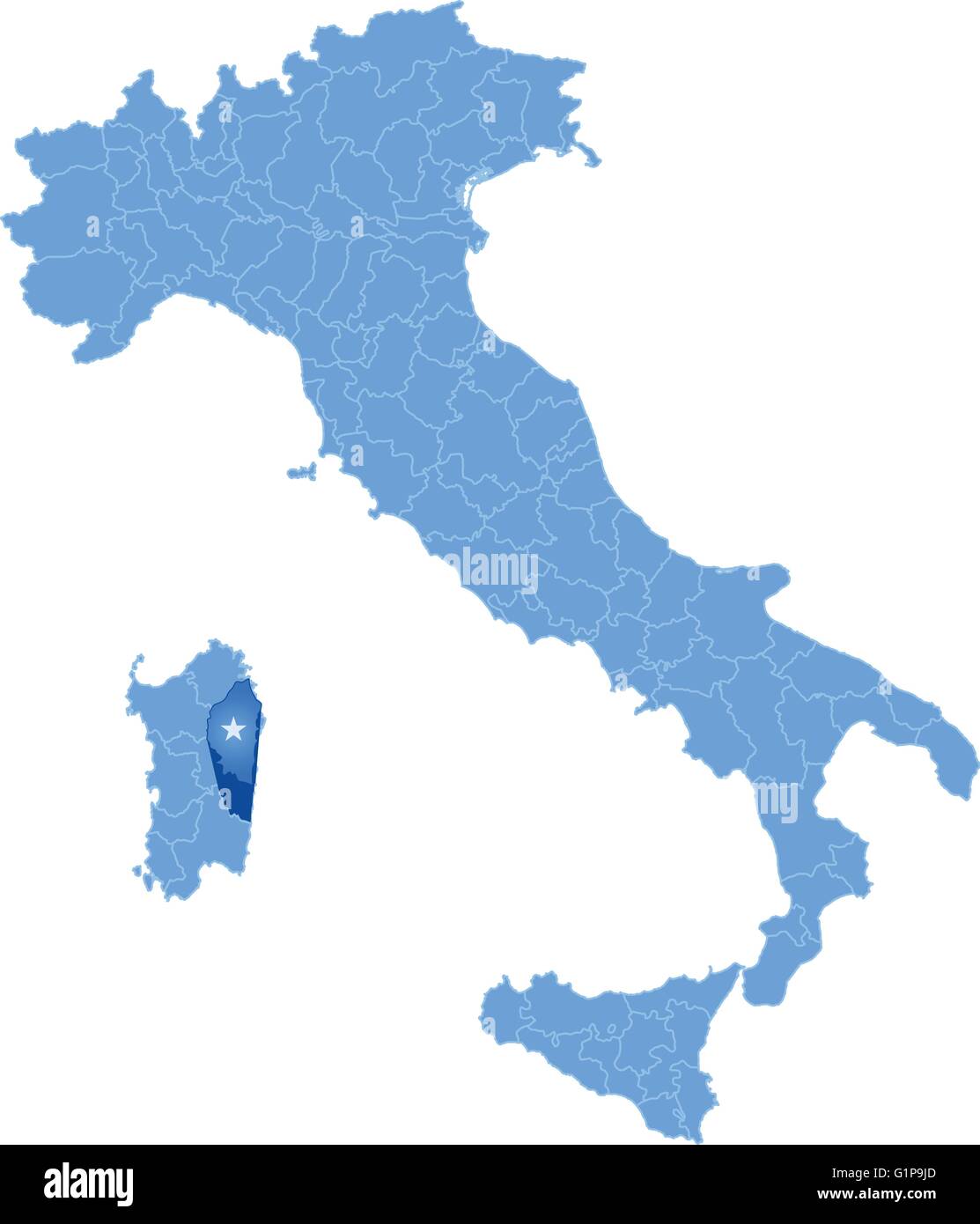 Mappa di Italia dove la provincia dell'Ogliastra è tirata fuori, isolati su sfondo bianco Illustrazione Vettoriale