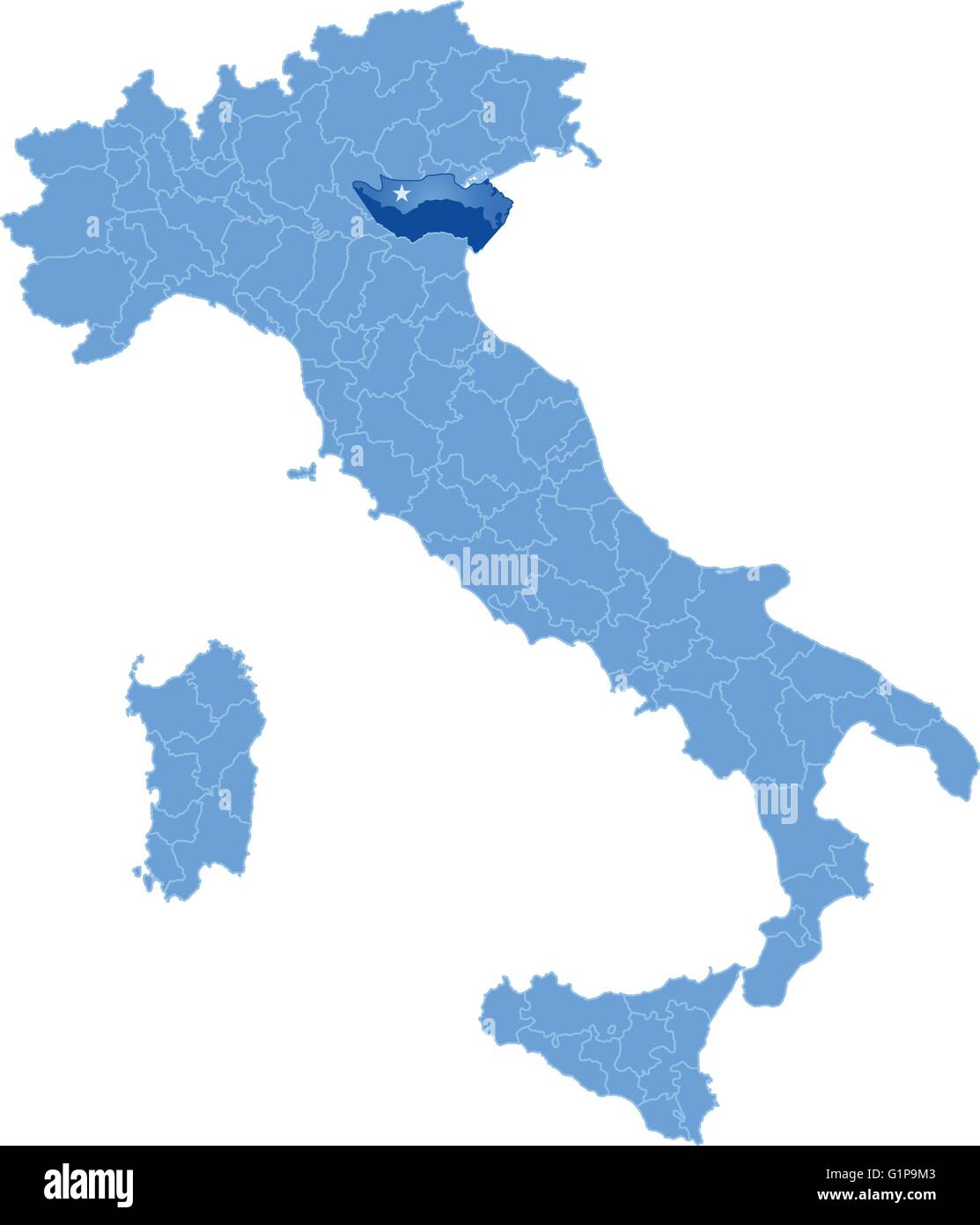 Mappa di Italia dove la provincia di Rovigo è tirata fuori, isolati su sfondo bianco Illustrazione Vettoriale