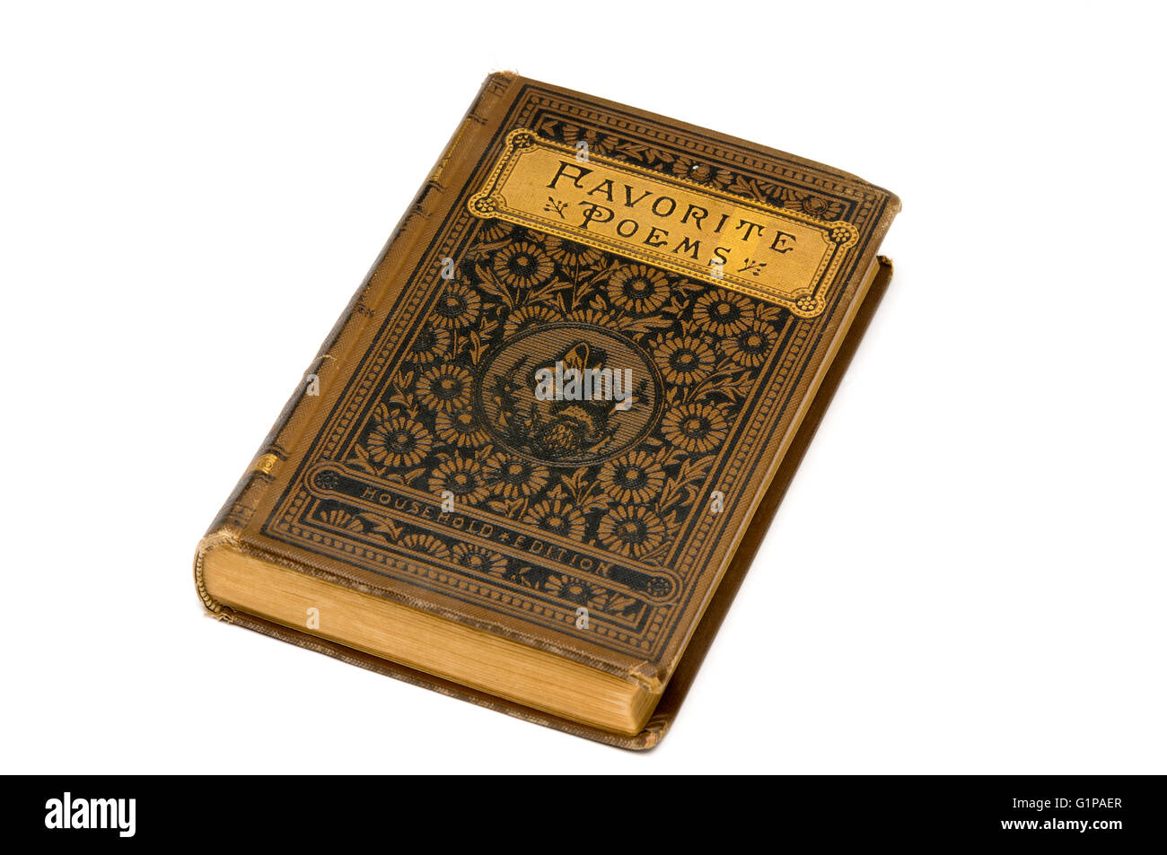 Un unico libro vintage di poesia su sfondo bianco, knockout ornato di vecchia copertura in pelle Foto Stock