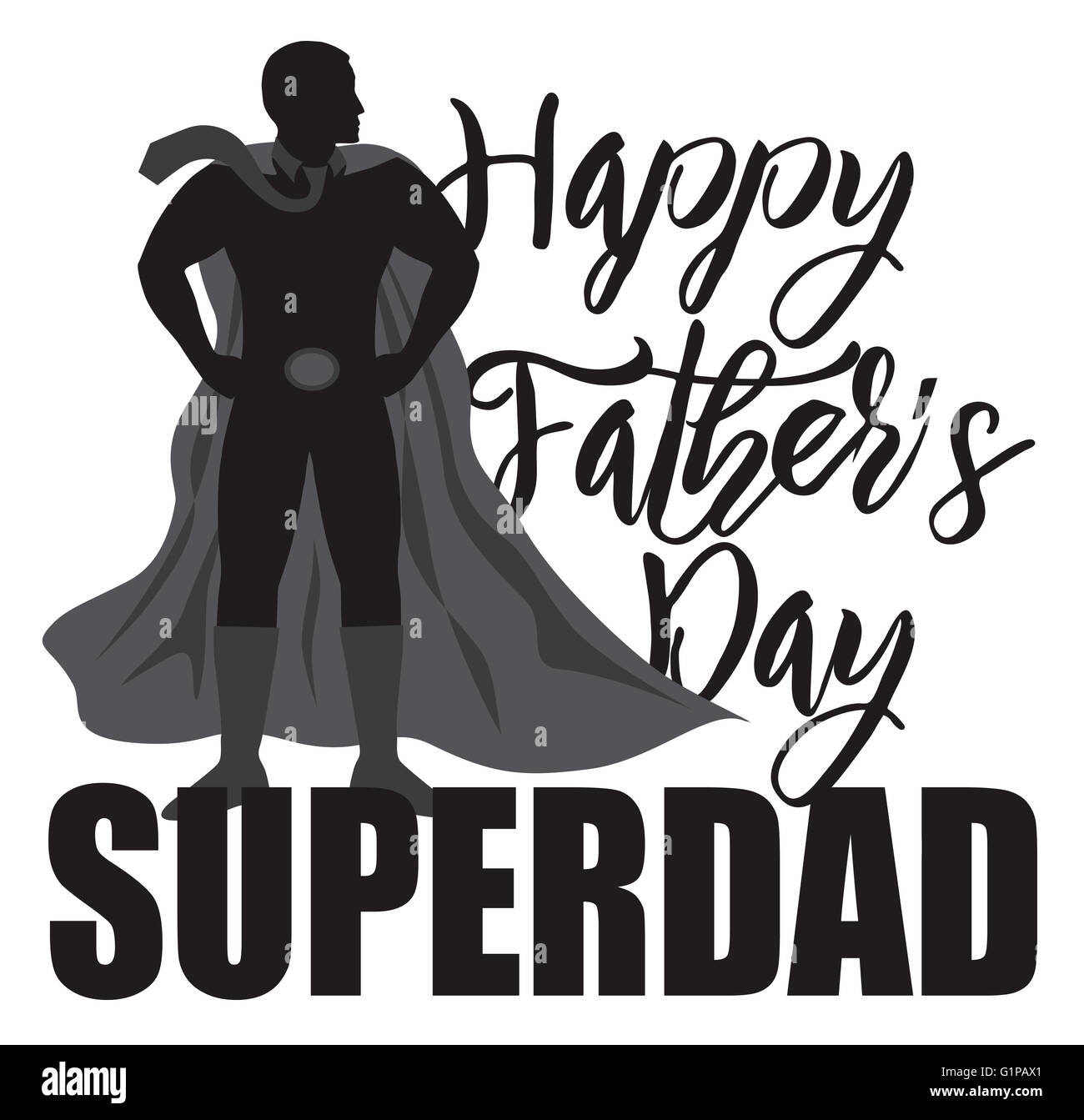 Felice Festa del papà papà Super supereroe silhouette nera Outline isolati su sfondo bianco illustrazione Foto Stock