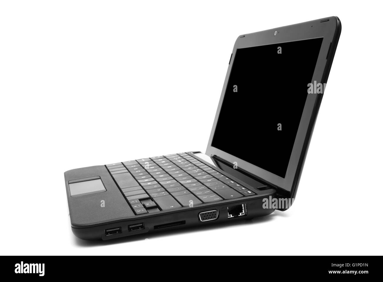Nero e il nuovo computer portatile su sfondo bianco Foto Stock