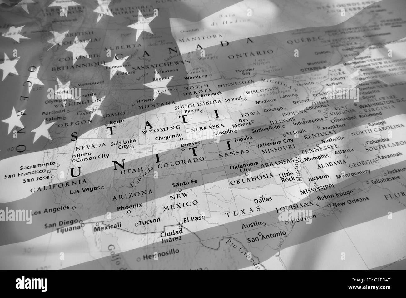 Mappa degli Stati Uniti, effetto bianco e nero. Foto Stock