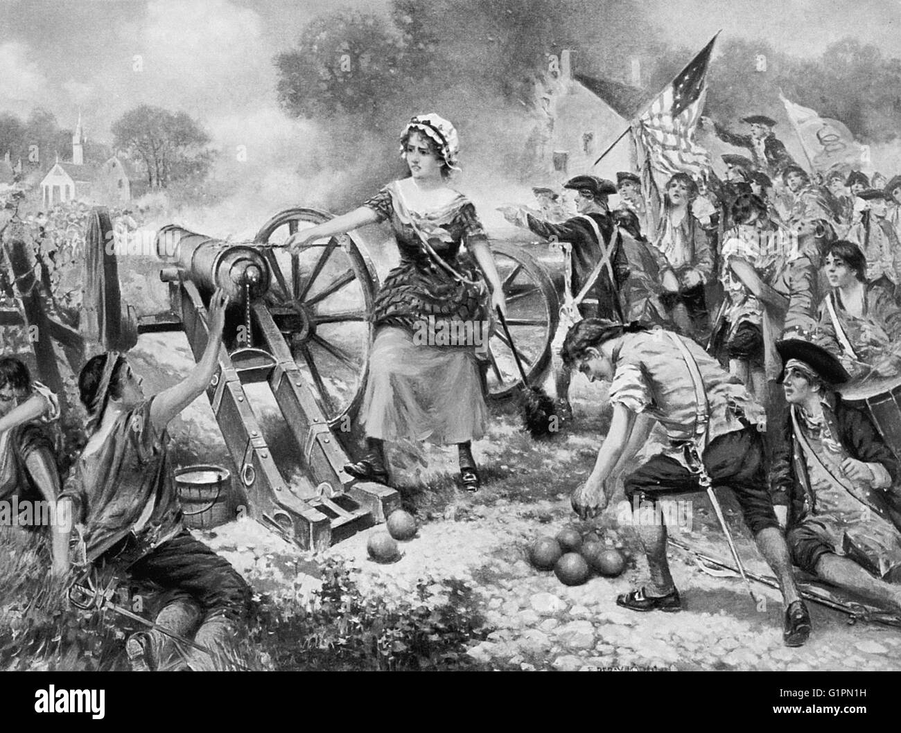 MOLLY PITCHER (1754?-1832). Née Maria McCauley. American eroina rivoluzionaria. In occasione della battaglia di Monmouth, 28 giugno 1778. Illustrazione di Percy Moran, c1911. Foto Stock