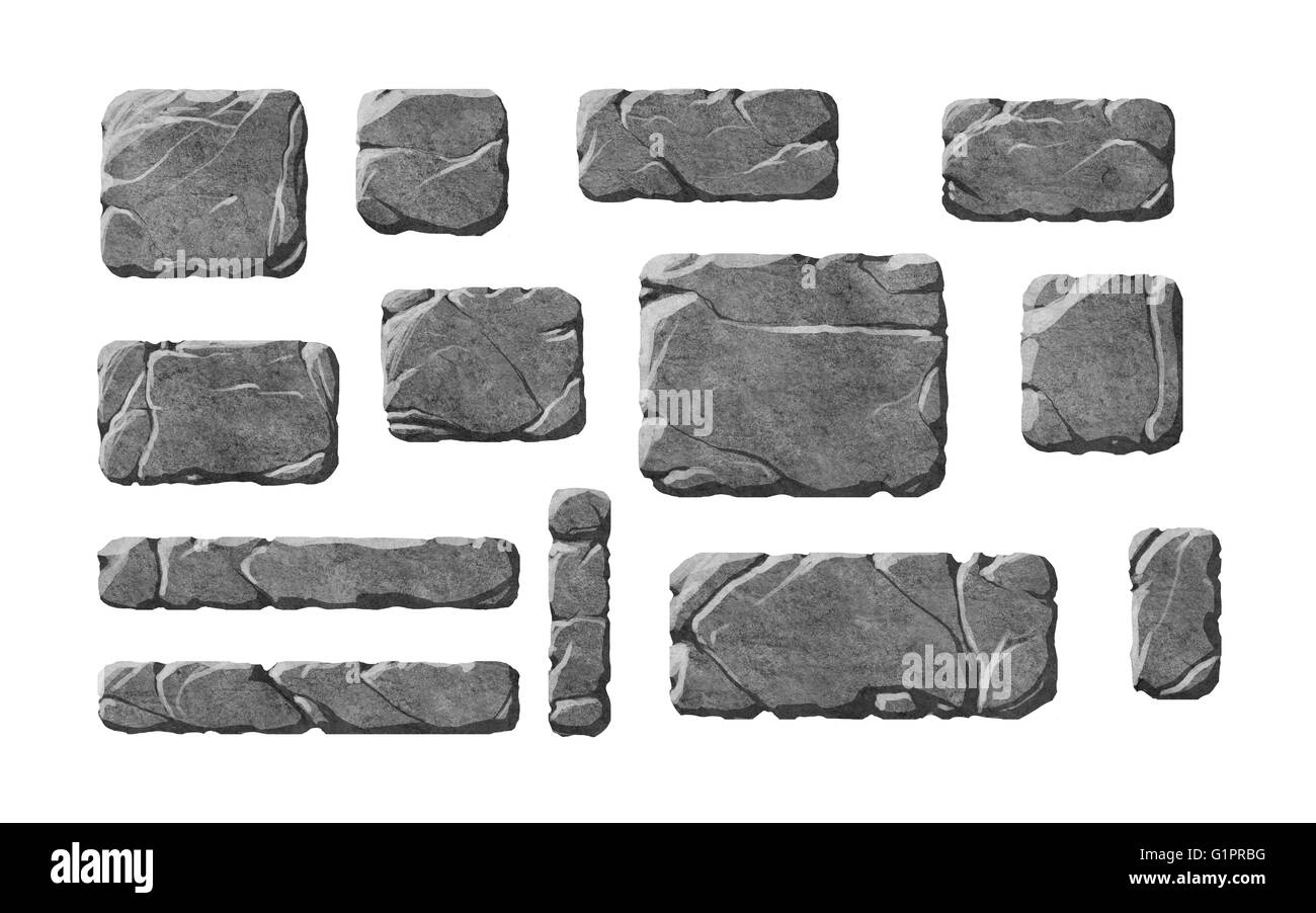 Set di pietra realistica pulsanti testurizzata e fantasia di elementi di interfaccia. Rocce. Foto Stock