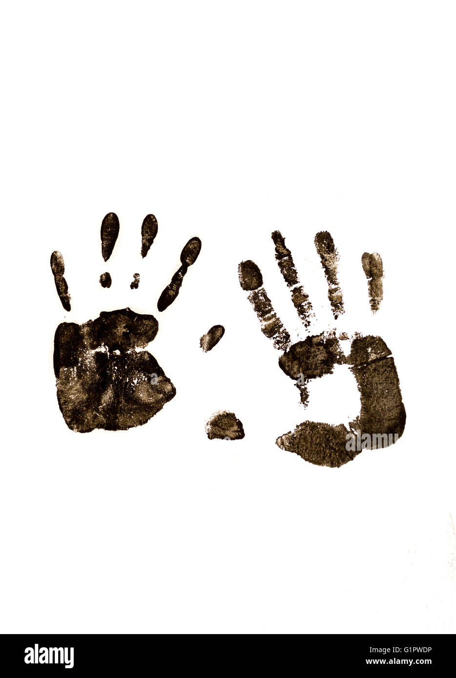 Due black hand prints isolato su bianco, Foto Stock