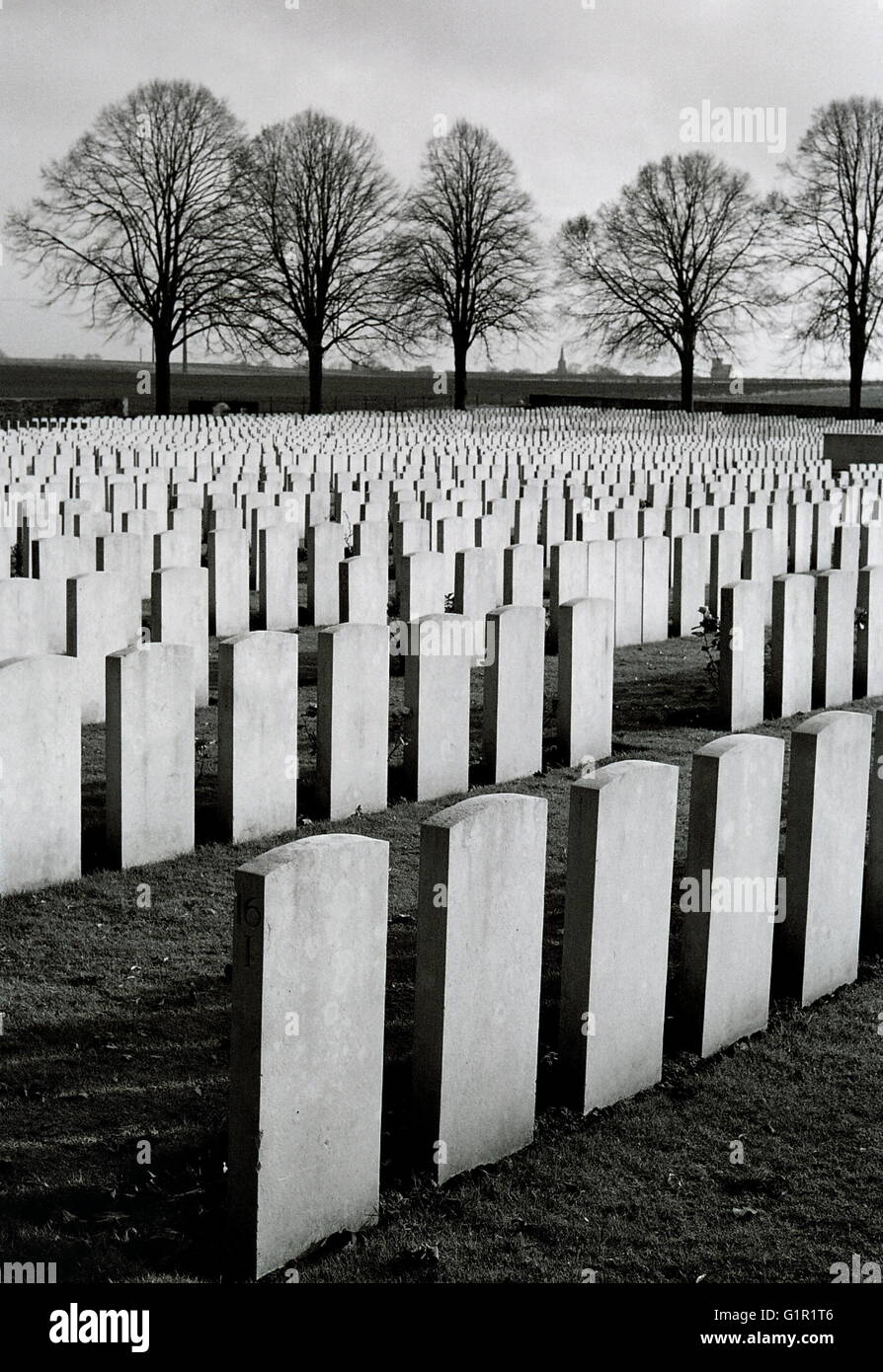 AJAXNETPHOTO. DELVILLE LEGNO, LONGUEVAL, Francia. -Cimitero militare- ammassato ranghi di lapidi segnando il FNAL luogo di riposo di coloro che sono caduti nella battaglia per DELVILLE legno durante la battaglia della Somme, 1916. Foto:JONATHAN EASTLAND/AJAX REF:CD4008BW_23_20 Foto Stock