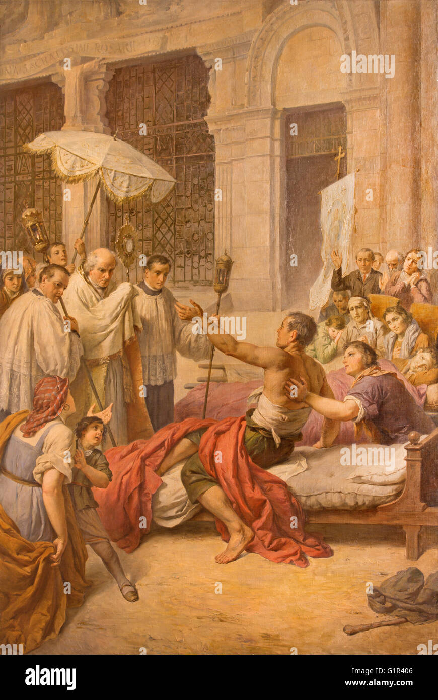 Roma, Italia - 9 Marzo 2016: la guarigione di una persona malata affresco da Aurelio Mariani (1931) nella cappella di Nostra Signora di Lourdens Foto Stock