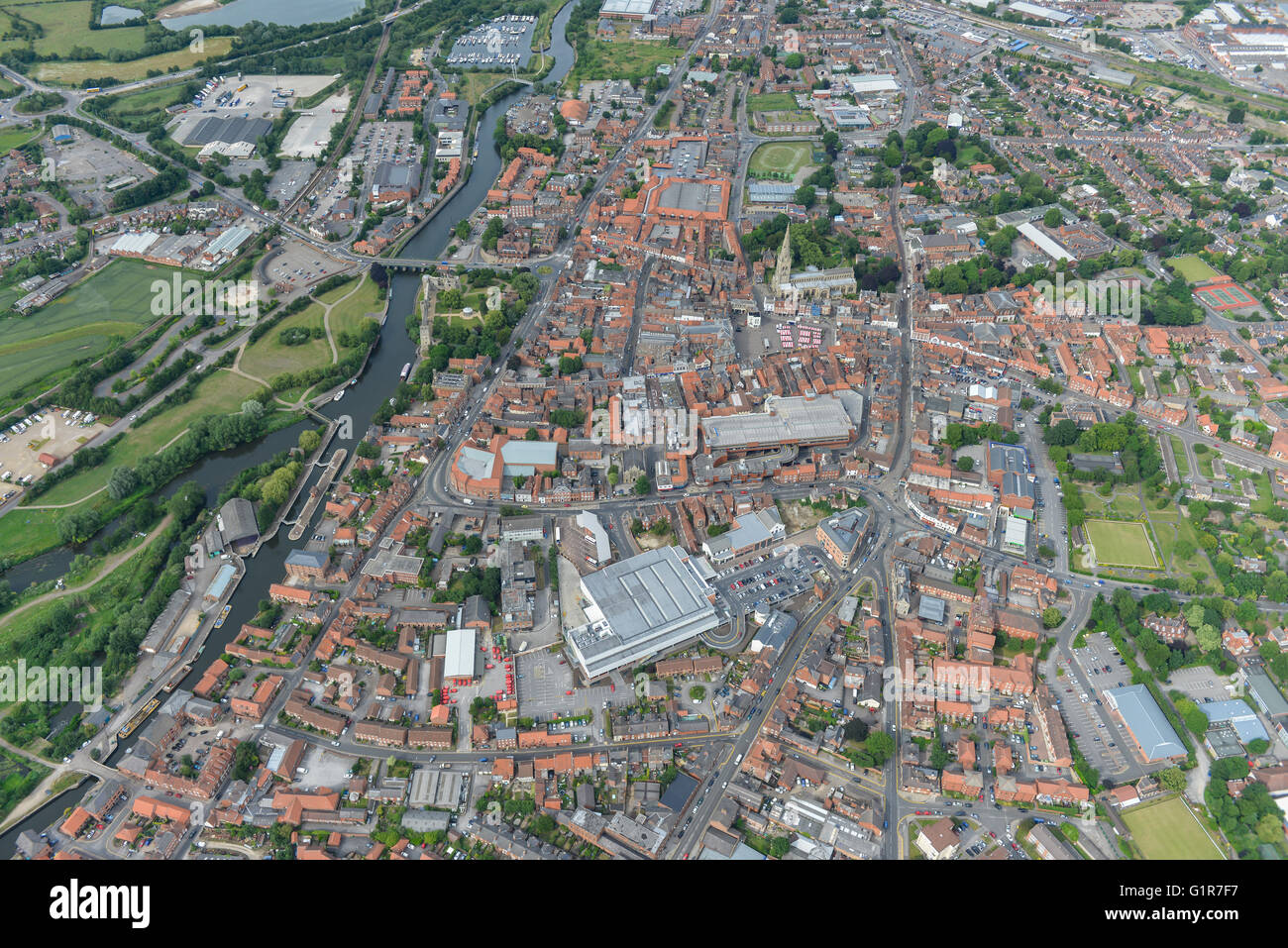 Una veduta aerea del centro città di Newark-on-Trent, Nottinghamshire Foto Stock