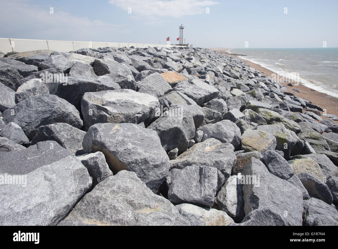 Mare difesa flood Broomhill Camber Sands East Sussex Foto Stock