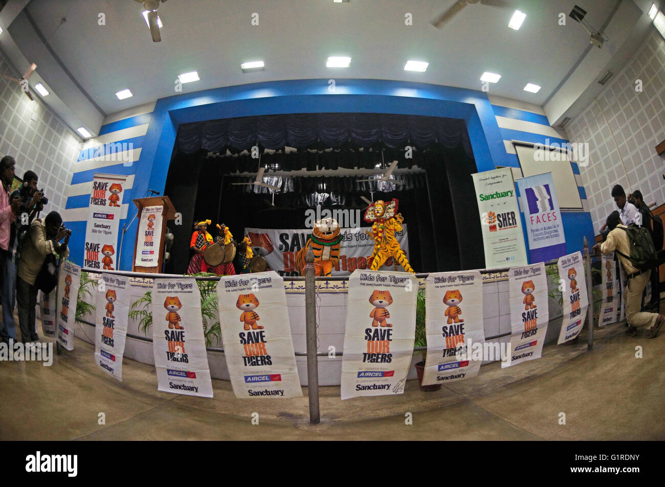 Tiger Mask Dance da tribali locali da Simlipal Riserva della Tigre, eseguendo in un auditorium di Kolkata, West Bengal, India Foto Stock