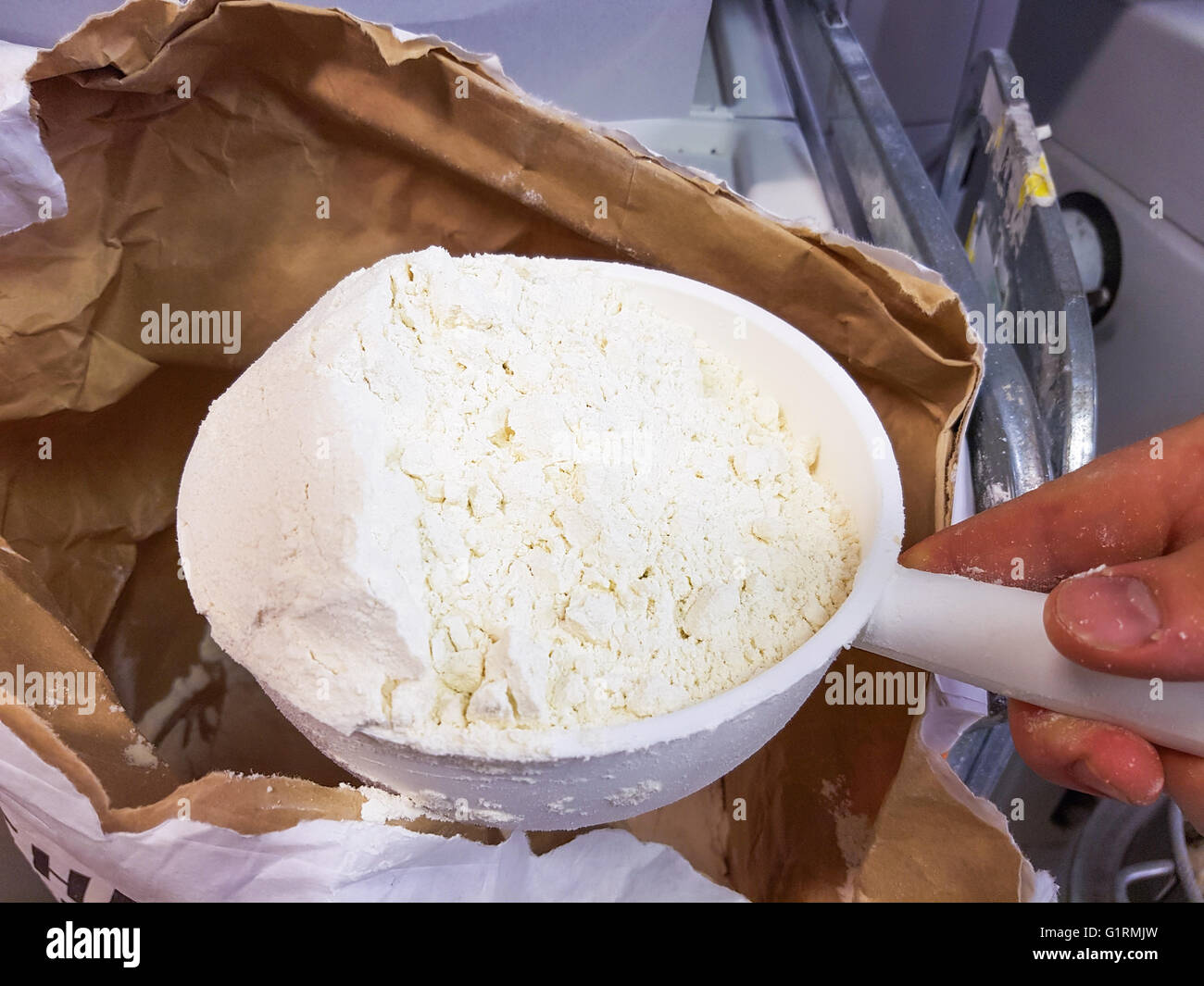 Convogliatore di plastica piena di bianco di farina di farro, in una pasticceria Foto Stock