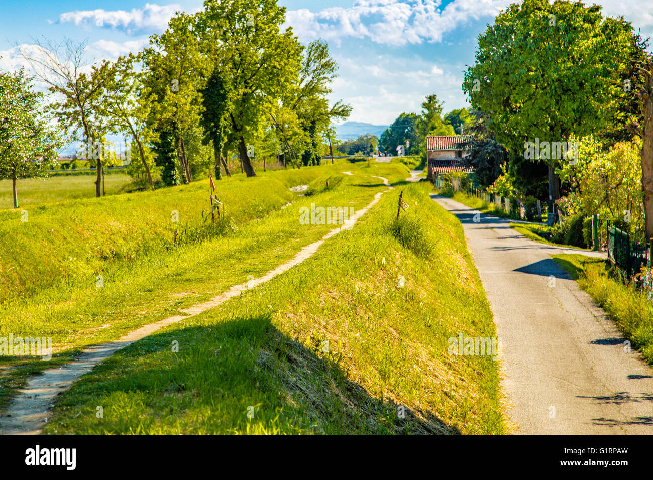 Il canale di drenaggio e irrigazione nelle campagne della Romagna in Italia Foto Stock