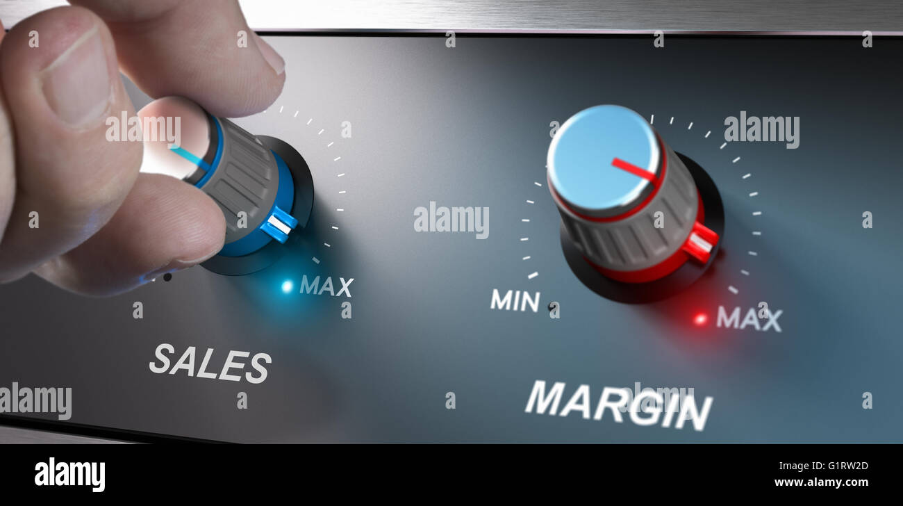 Business redditizio concetto, di vendita e il margine di miglioramento. Il compositing tra una mano e 3d sfondo. Foto Stock