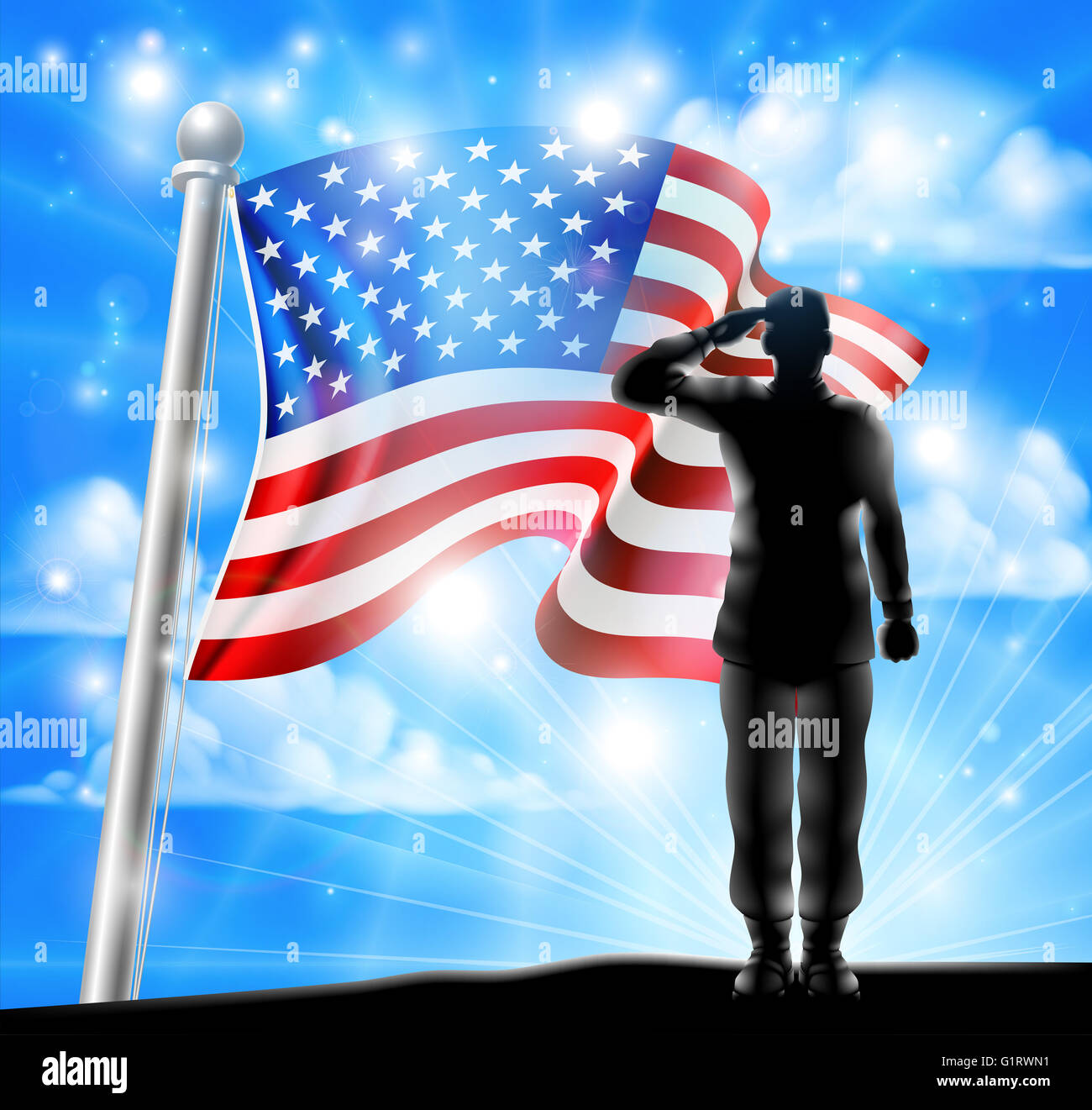 Una silhouette soldato salutando con bandiera americana in background, il design per il Memorial Day o veterani del giorno Foto Stock