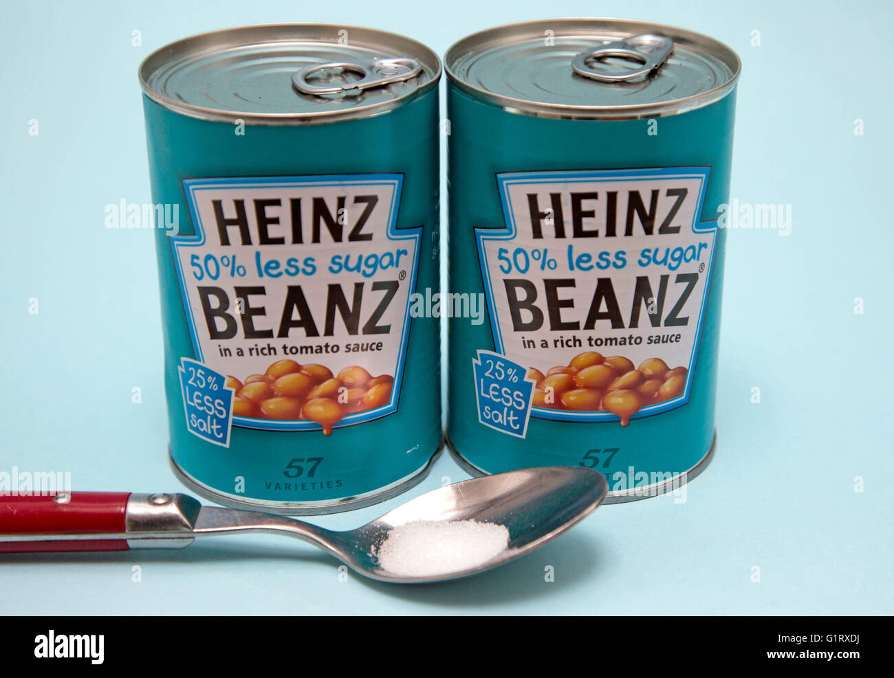 Heinz Fagioli con il 50% in meno di zucchero e il 25% meno di sale, Londra Foto Stock