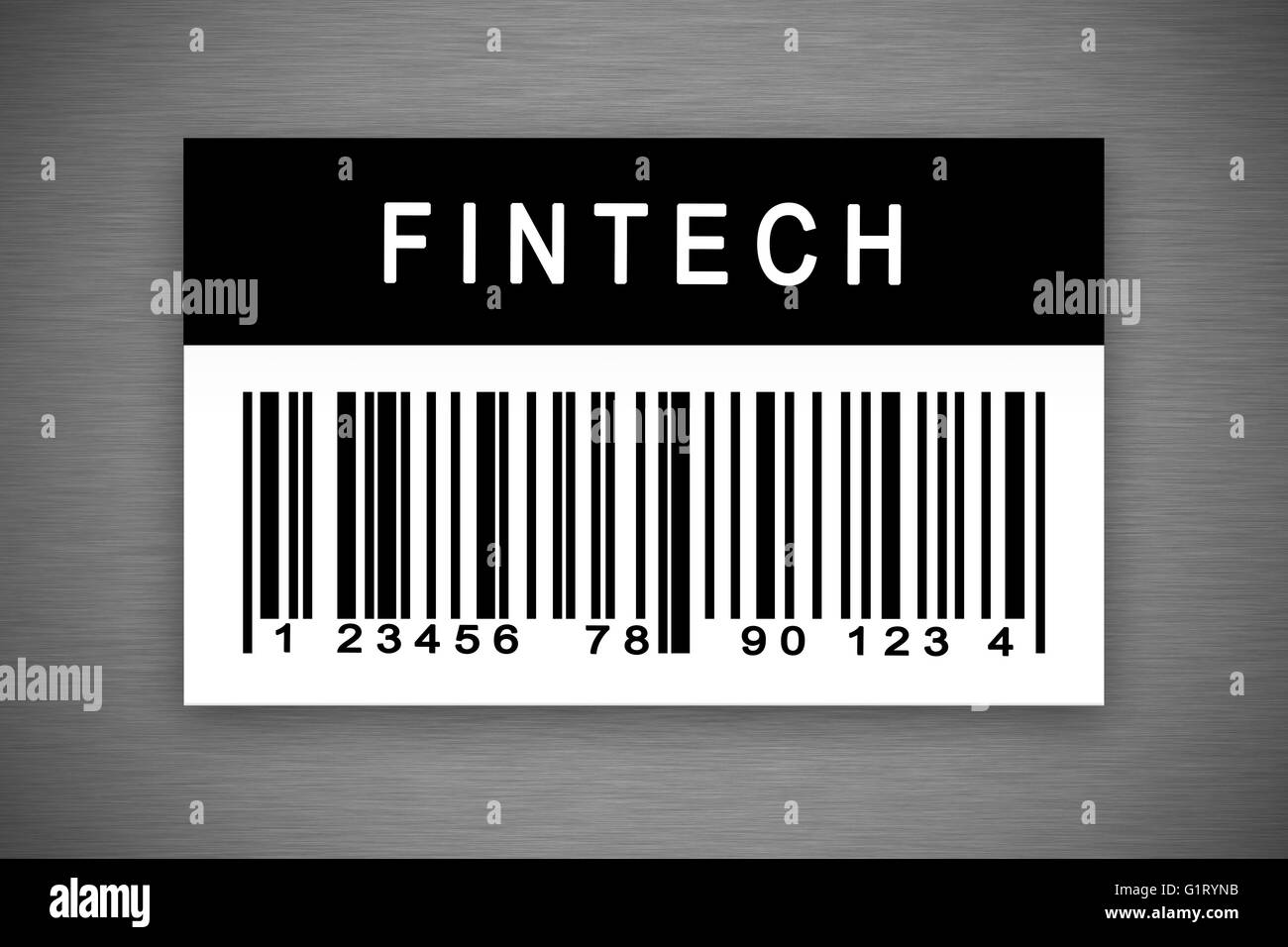 Fintech o tecnologia finanziaria etichetta con codice a barre con ombra su sfondo di metallo Foto Stock