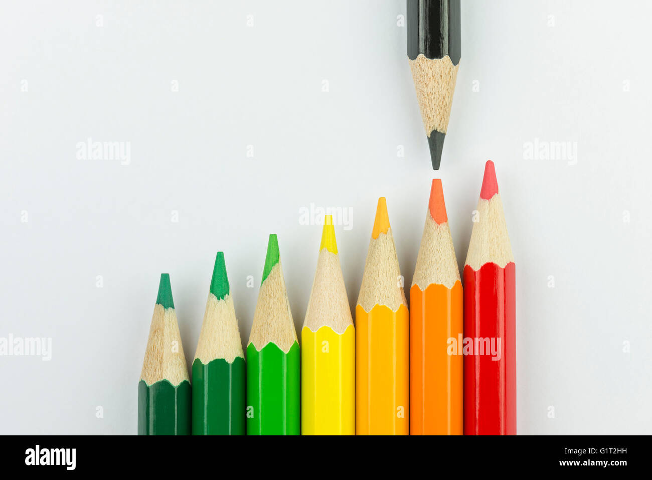Matite di concettuale rappresentato come successore etichetta energetica i colori con matita nera che indica l'etichetta energetica Foto Stock