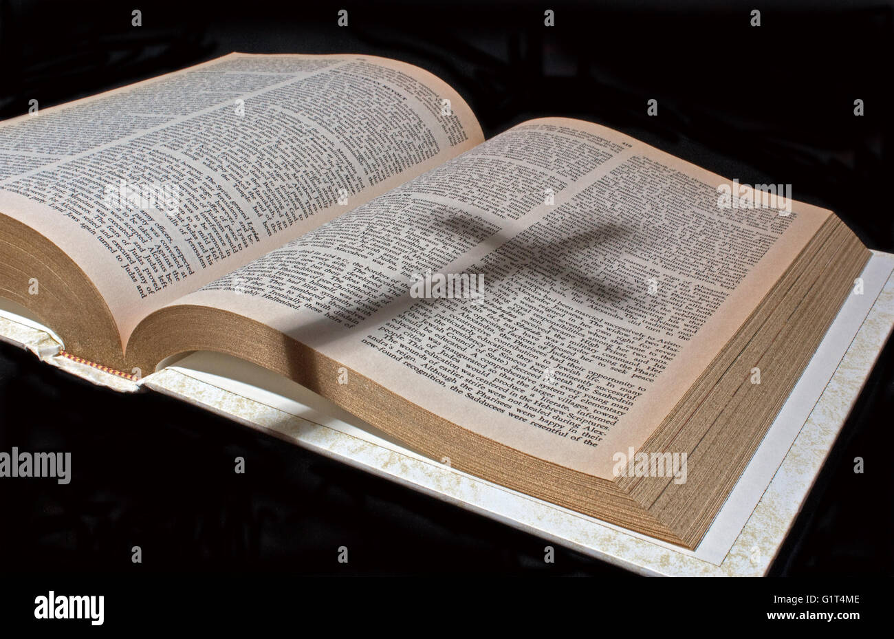 Aprire la Bibbia con un'ombra di una croce Foto Stock