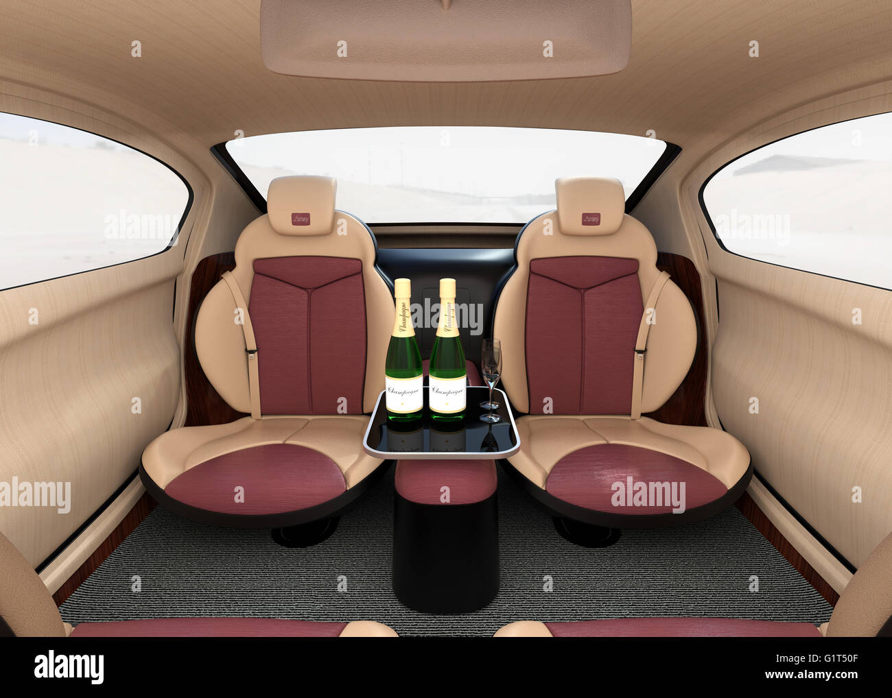 Auto autonomo concetto interno. Interni di lusso da servire fresco servizio bevande. Lo schienale del sedile equipaggiare con monitor LCD. Foto Stock