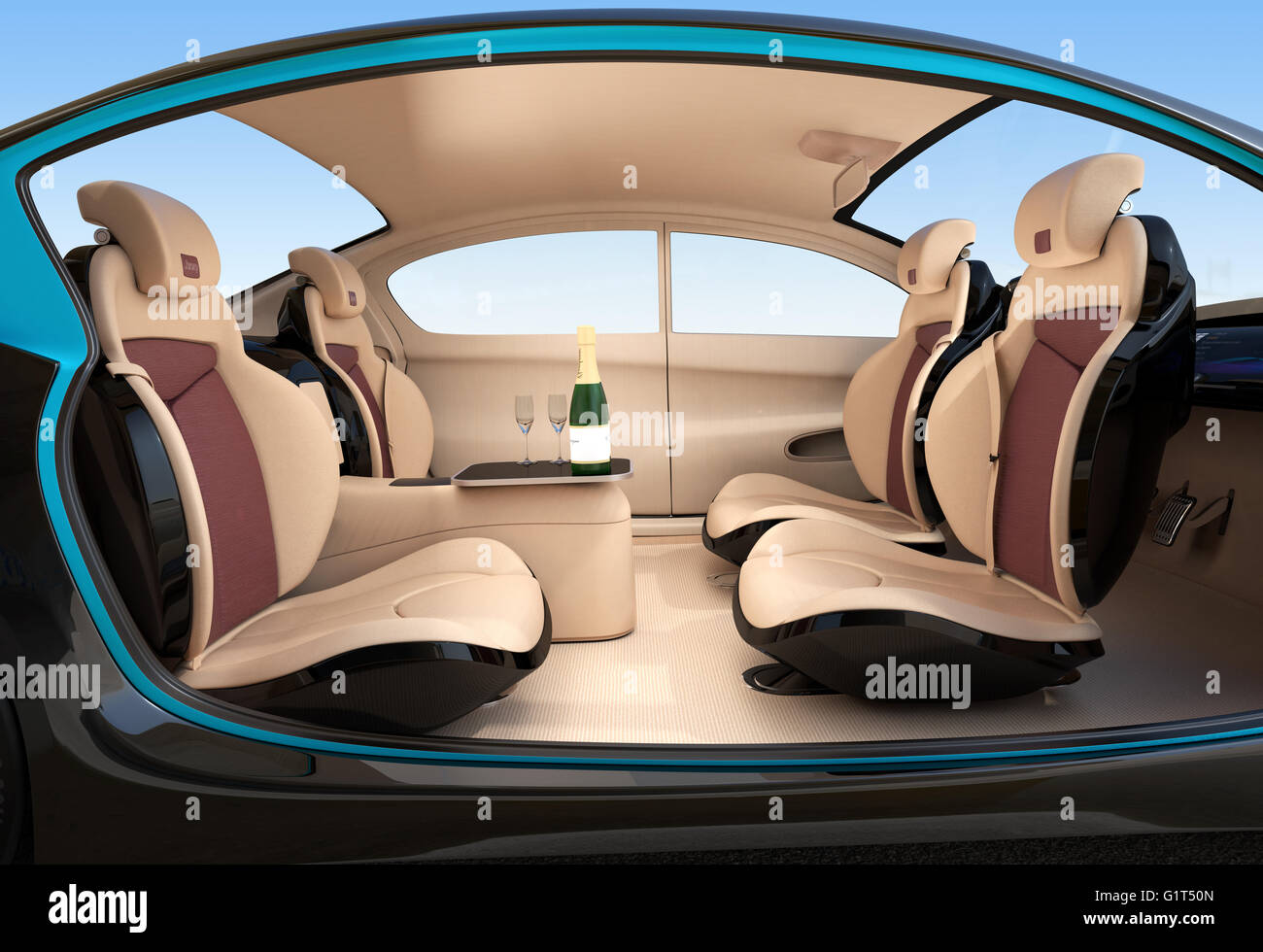 Auto autonomo concetto interno. Interni di lusso da servire fresco servizio bevande. Lo schienale del sedile equipaggiare con monitor LCD. Foto Stock