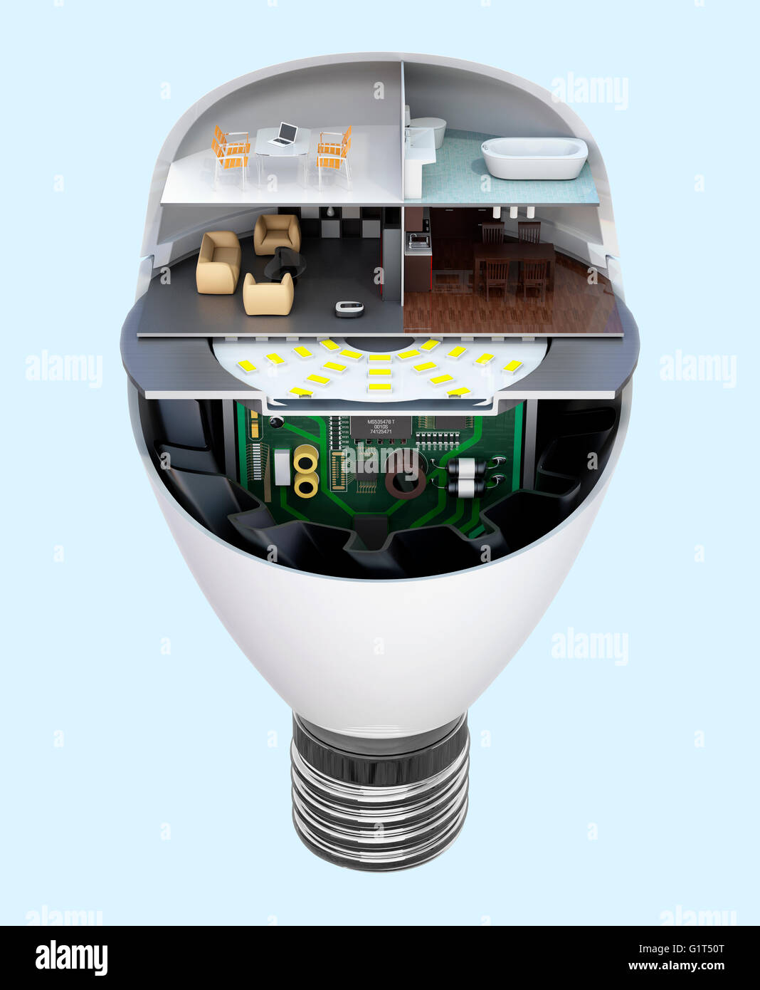 Elettrodomestici e mobili in un LED lampadina. Ecologia concetto life. 3D rendering immagine con percorso di clipping. Foto Stock