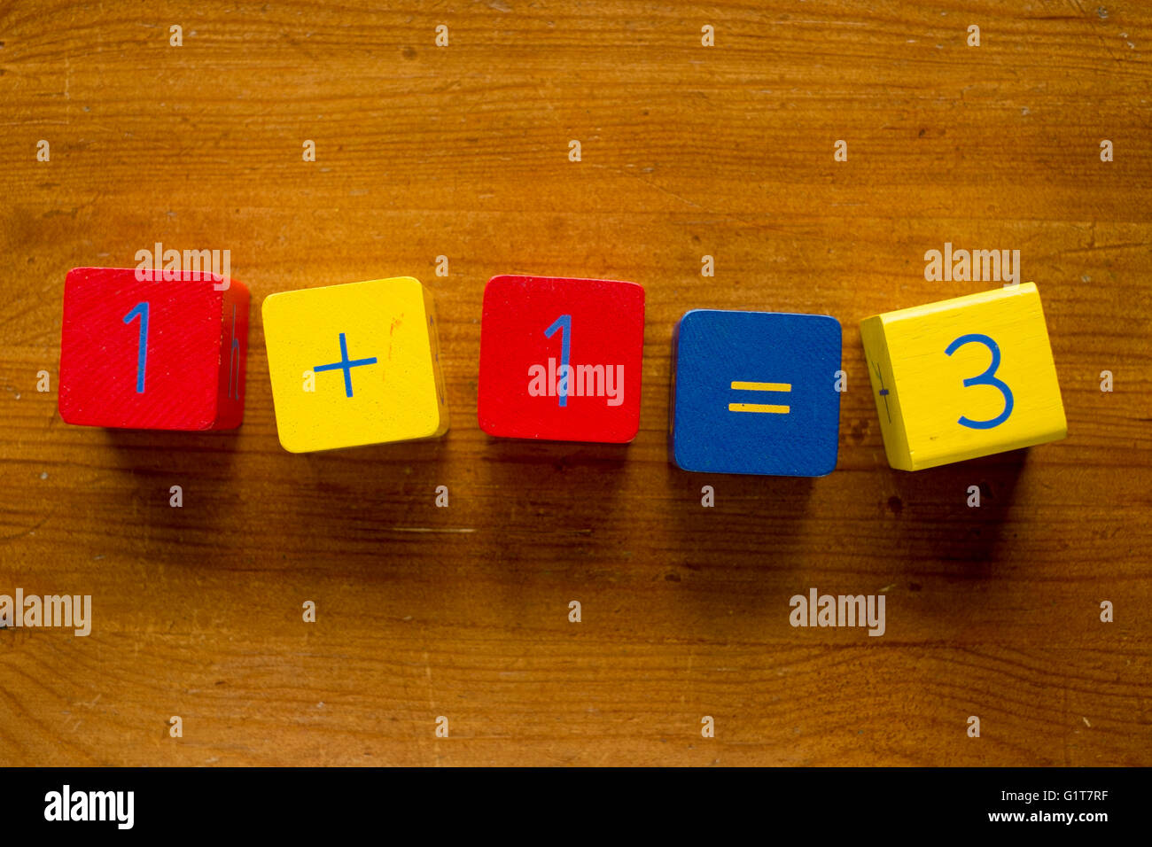 In legno colorato ortografia blocchi di una semplice operazione aritmetica a destra / sbagliato Foto Stock