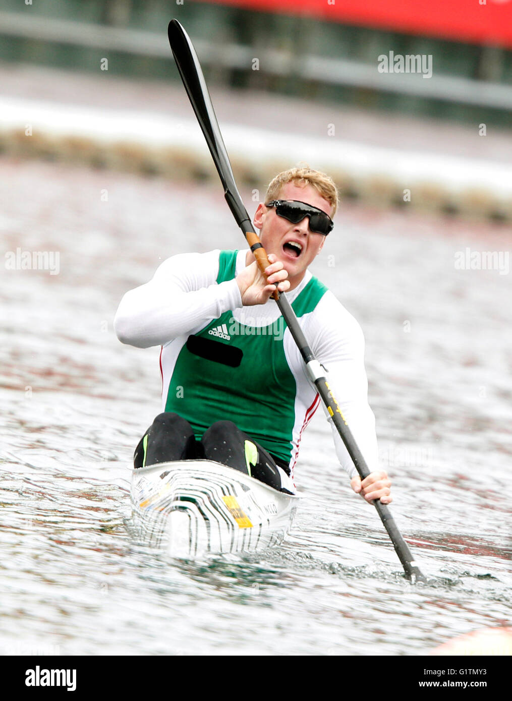 Duisburg, Germania. 19 Maggio, 2016. Bence Dombvari di Ungheria celebra vincere l'uomo K1 1.000 metri di gara in canoa europea qualificazioni olimpico a Duisburg in Germania, 19 maggio 2016. Foto: ROLAND WEIHRAUCH/dpa/Alamy Live News Foto Stock