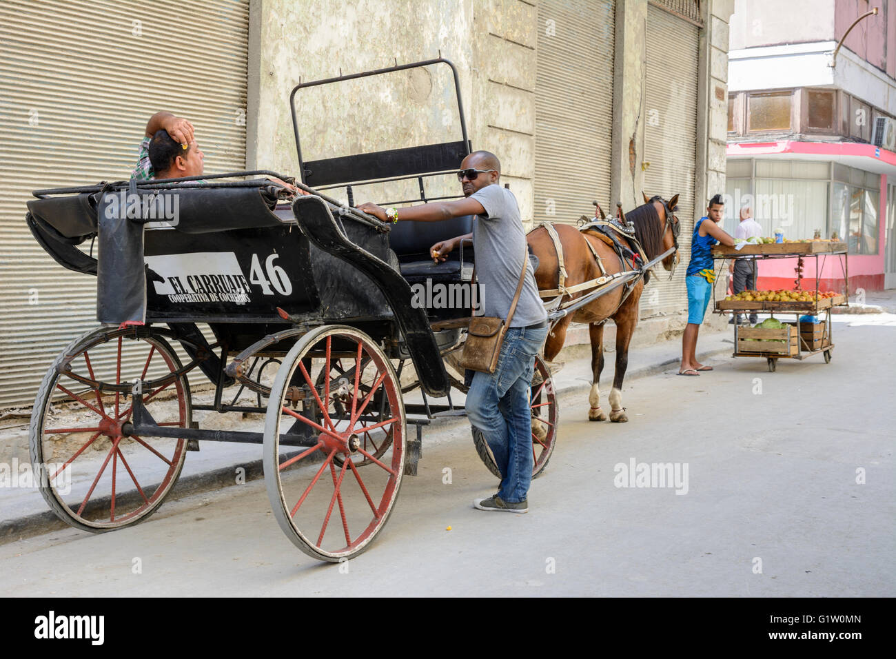 Un tassista si prende una pausa nel suo carro trainato da cavalli in una stradina a l'Avana Vecchia, Havana, Cuba Foto Stock