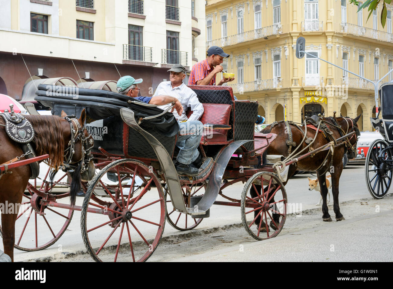 I tassisti aspettare per i clienti nel loro carro trainato da cavalli nel Parque Central Havana, Cuba Foto Stock
