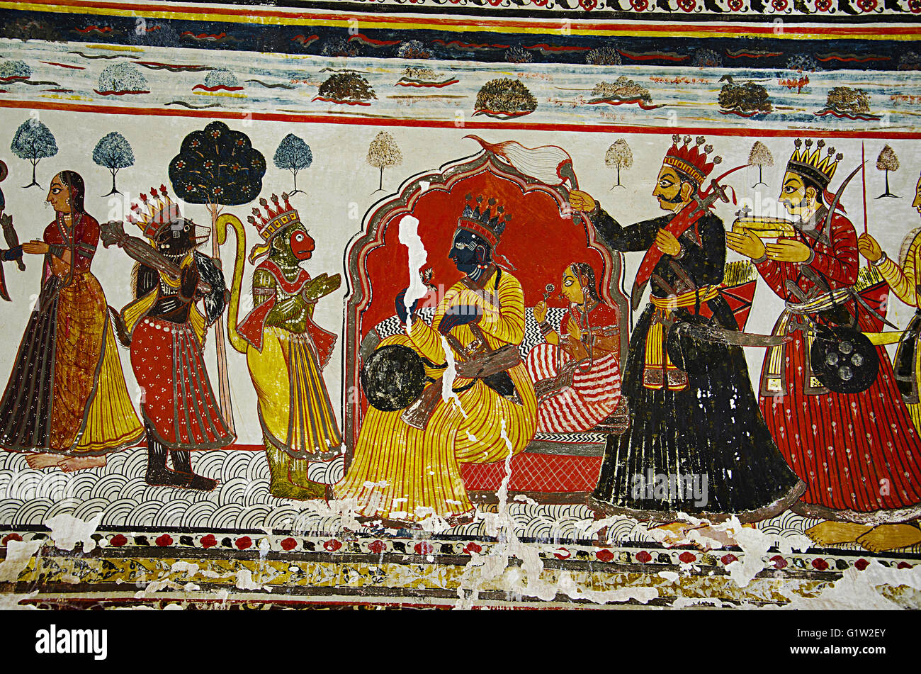 Bella mitologici dipinti sul soffitto di Raj Mahal, orchha palace (forte) complesso, dove i re e le regine residuo Foto Stock