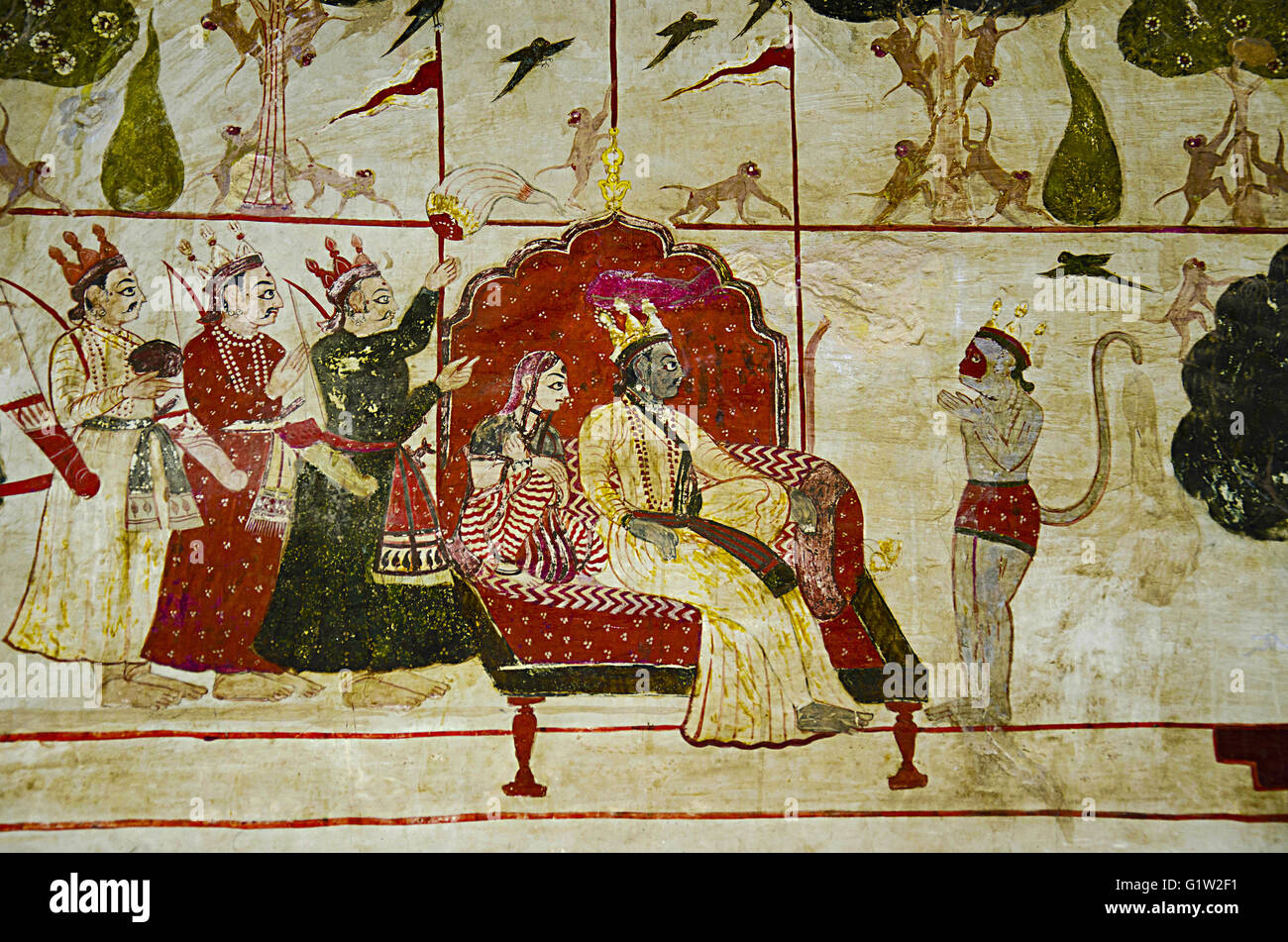 Bella mitologici dipinti sul soffitto di Raj Mahal, orchha palace (forte) complesso, dove i re e le regine residuo Foto Stock