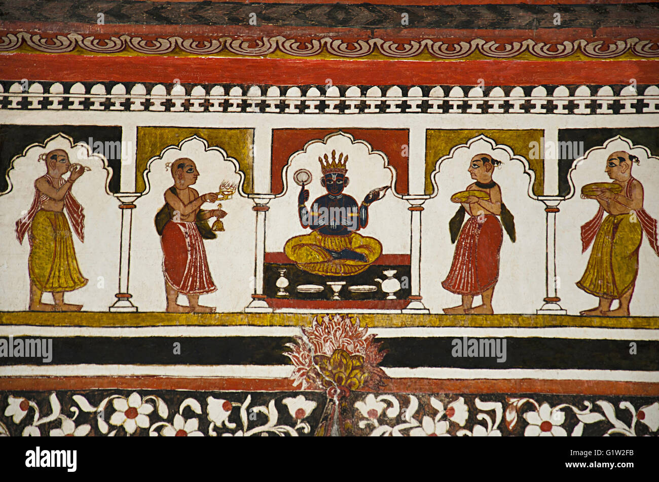 Mitologici dipinti sul soffitto di Raj Mahal, Orchha Palace (Forte) complesso, Madhya Pradesh, India Foto Stock