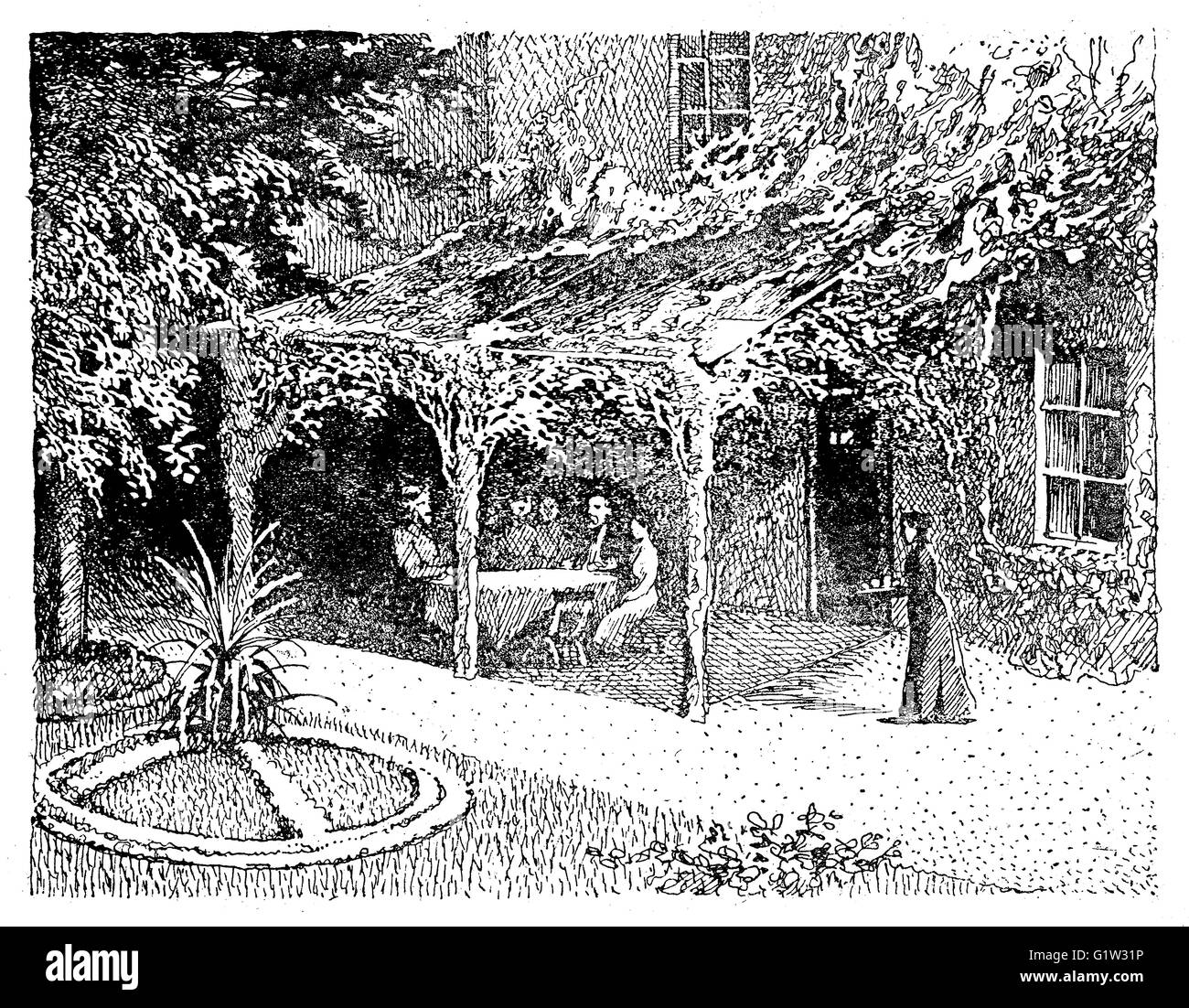 Illustrazione Vintage: gente seduta sotto una pergola in ombra con la vista del bel giardino che circonda la casa Foto Stock