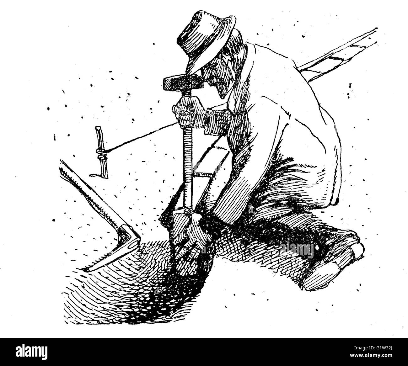 Giardinaggio illustrazione vintage: imprenditore prepara un confine di mattoni nel giardino che delimita un letto floreale con martello e piccone Foto Stock