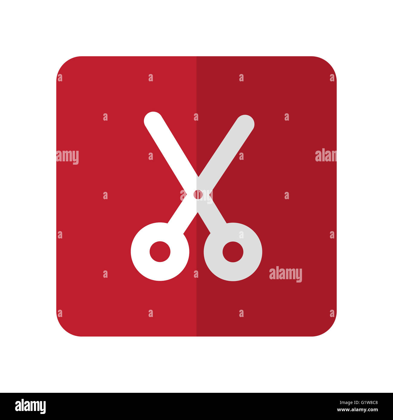 Forbici bianco icona piatta su rosso quadrato con angoli arrotondati su bianco Foto Stock