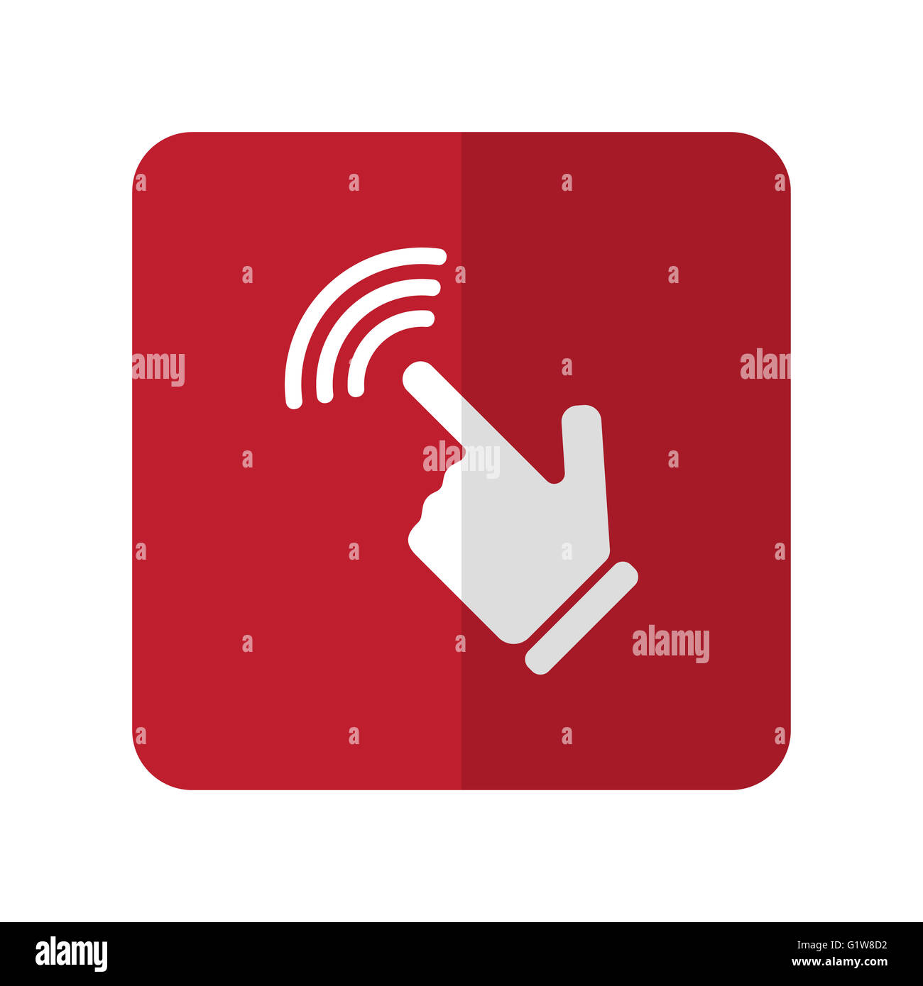 White Touch Screen icona piatta su rosso quadrato con angoli arrotondati su bianco Foto Stock