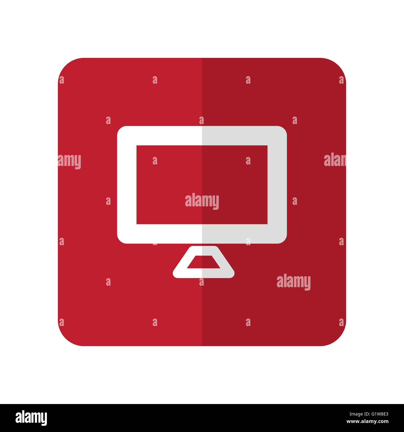 Calcolatore bianco schermo icona piatta su rosso quadrato con angoli arrotondati su bianco Foto Stock